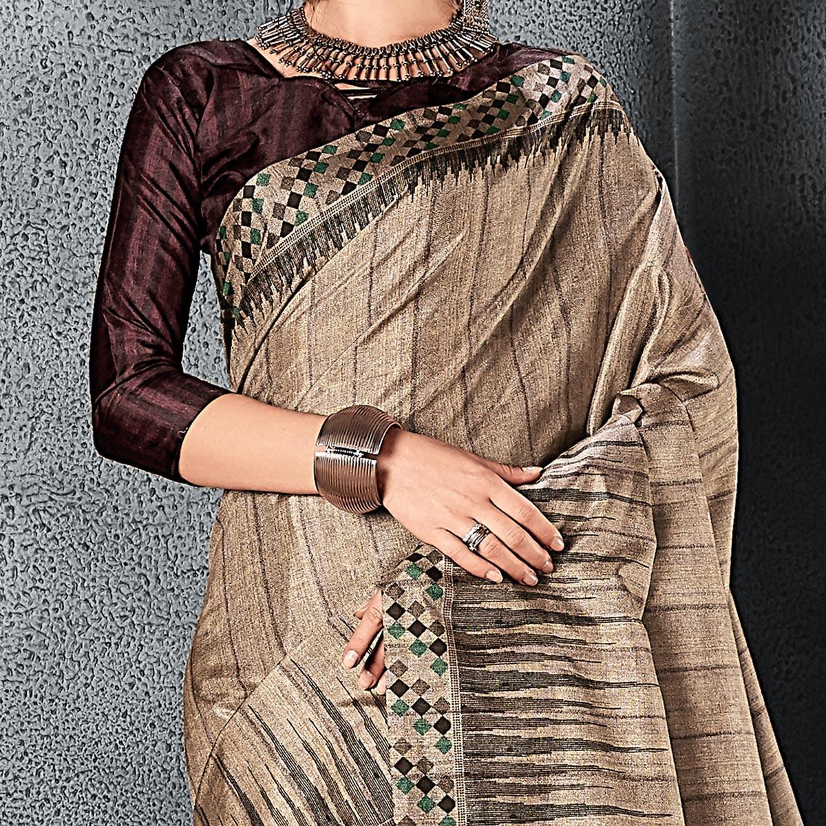 Sareemall Brown Festive Manipuri Silk Stripes Saree With Unstitched Blouse - Peachmode