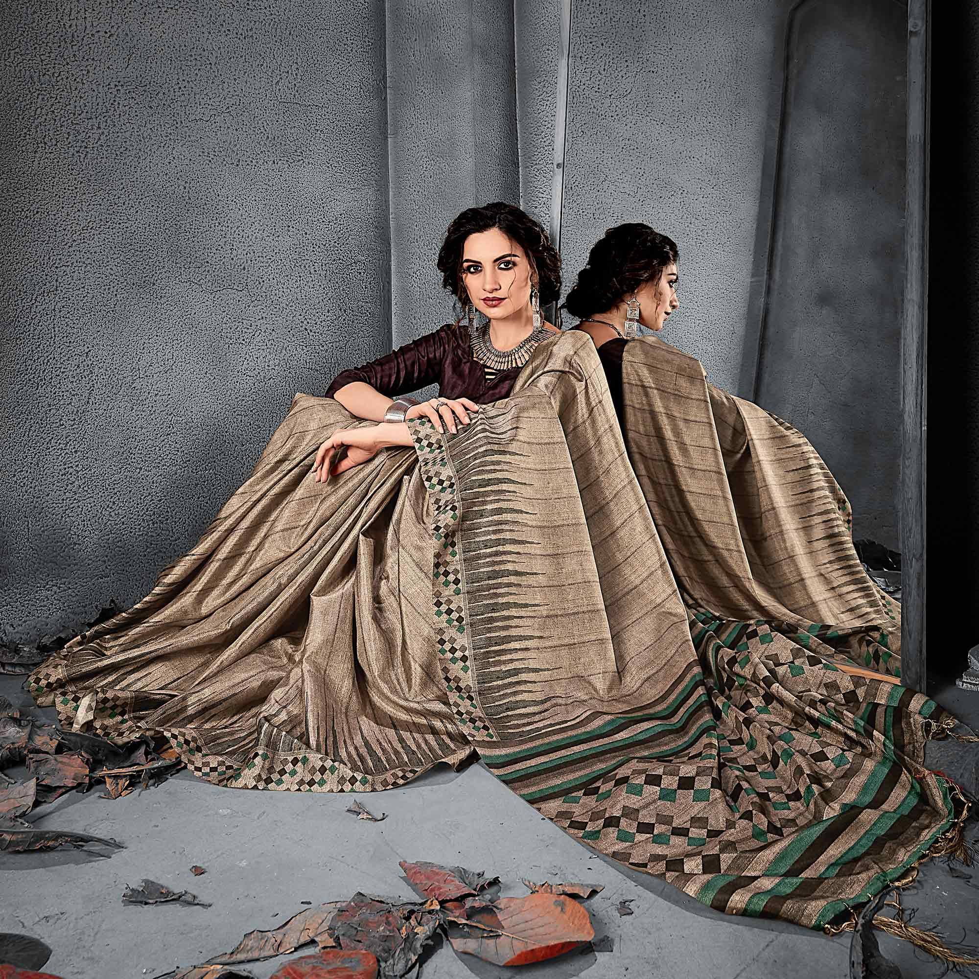 Sareemall Brown Festive Manipuri Silk Stripes Saree With Unstitched Blouse - Peachmode