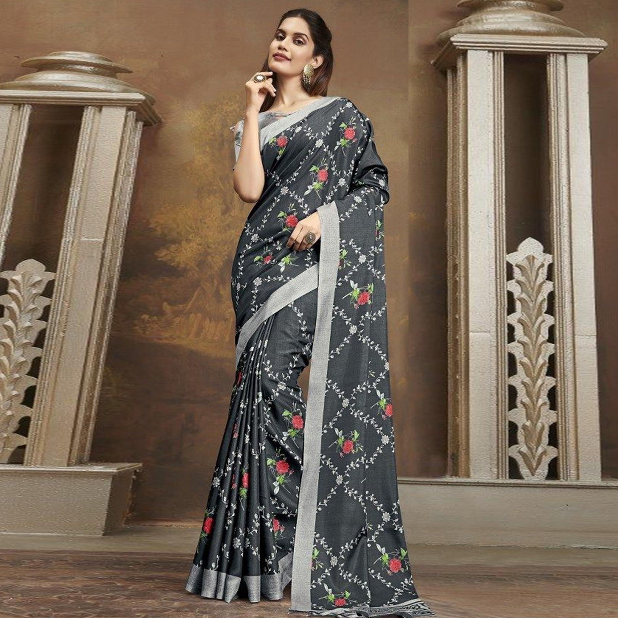 Sareemall Casual Satin Printed Saree With Unstitched Blouse Grey - Peachmode