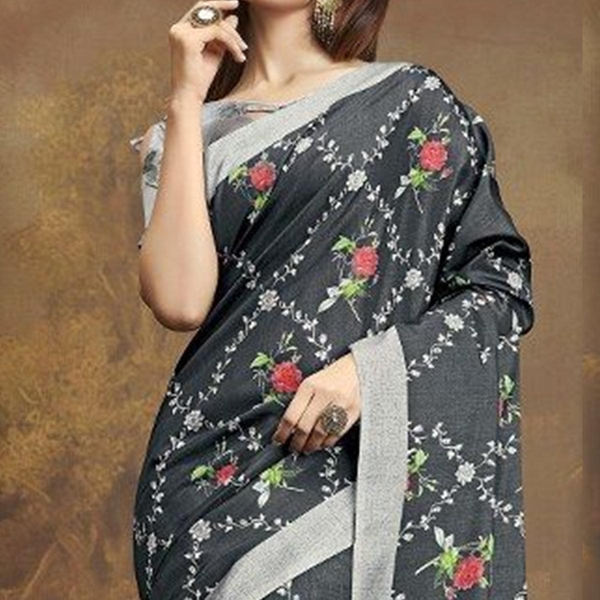 Sareemall Casual Satin Printed Saree With Unstitched Blouse Grey - Peachmode