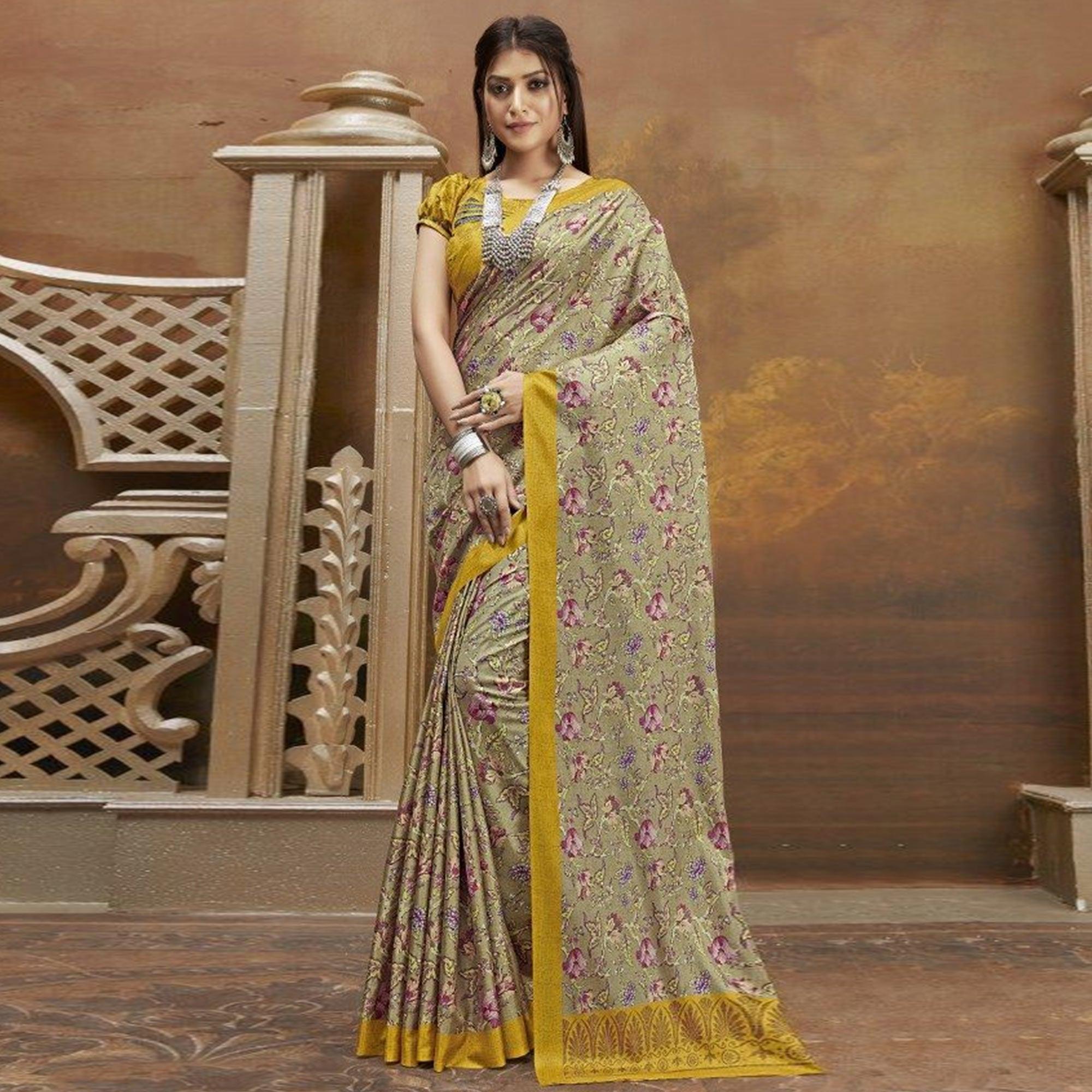 Sareemall Casual Satin Printed Saree With Unstitched Blouse Multicolor - Peachmode