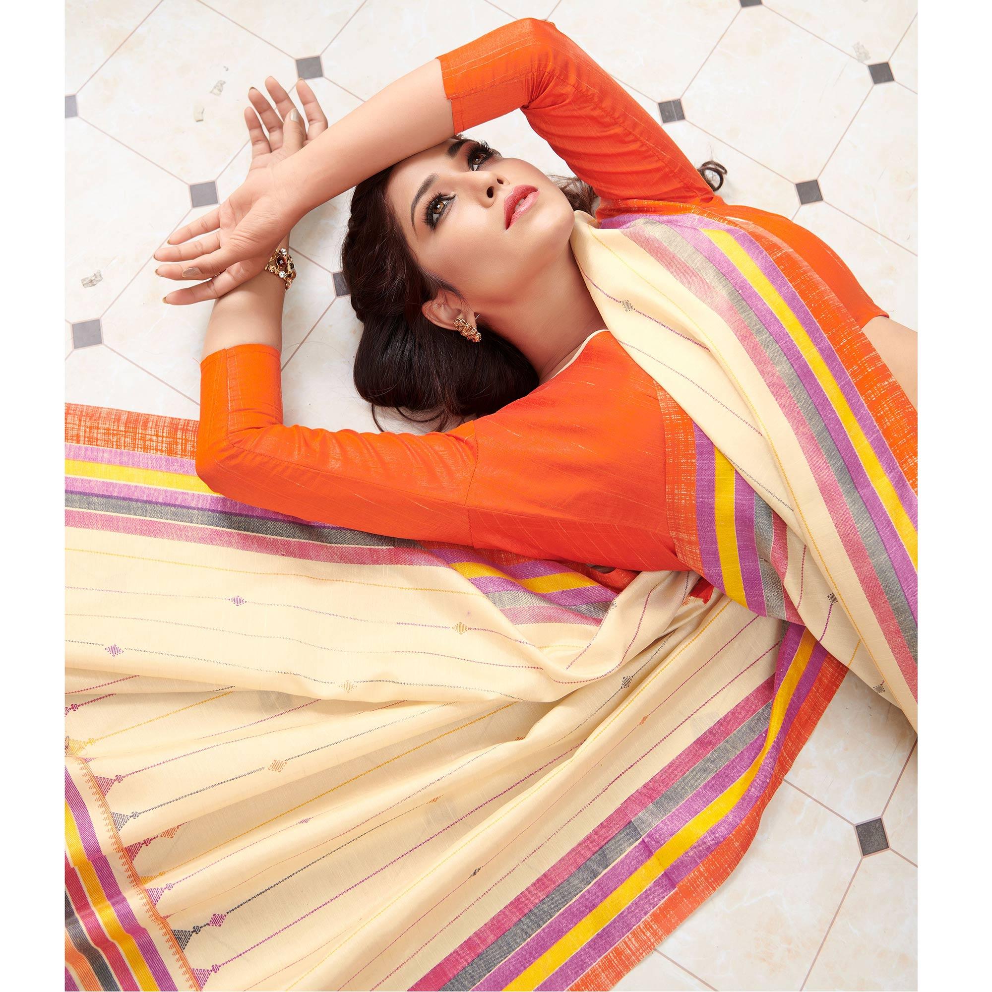 Sareemall Cream Casual Bhagalpuri Printed Saree With Unstitched Blouse - Peachmode