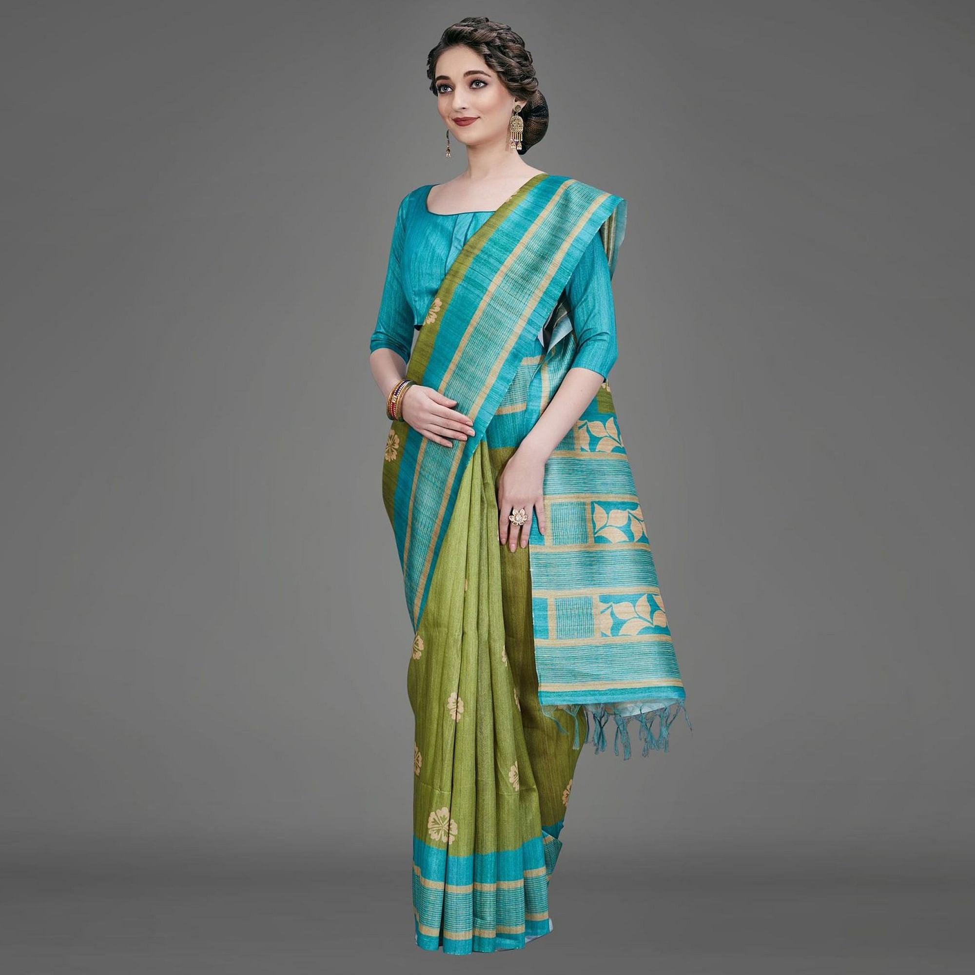 Sareemall  Green Casual Art Silk Printed Saree With Unstitched Blouse - Peachmode