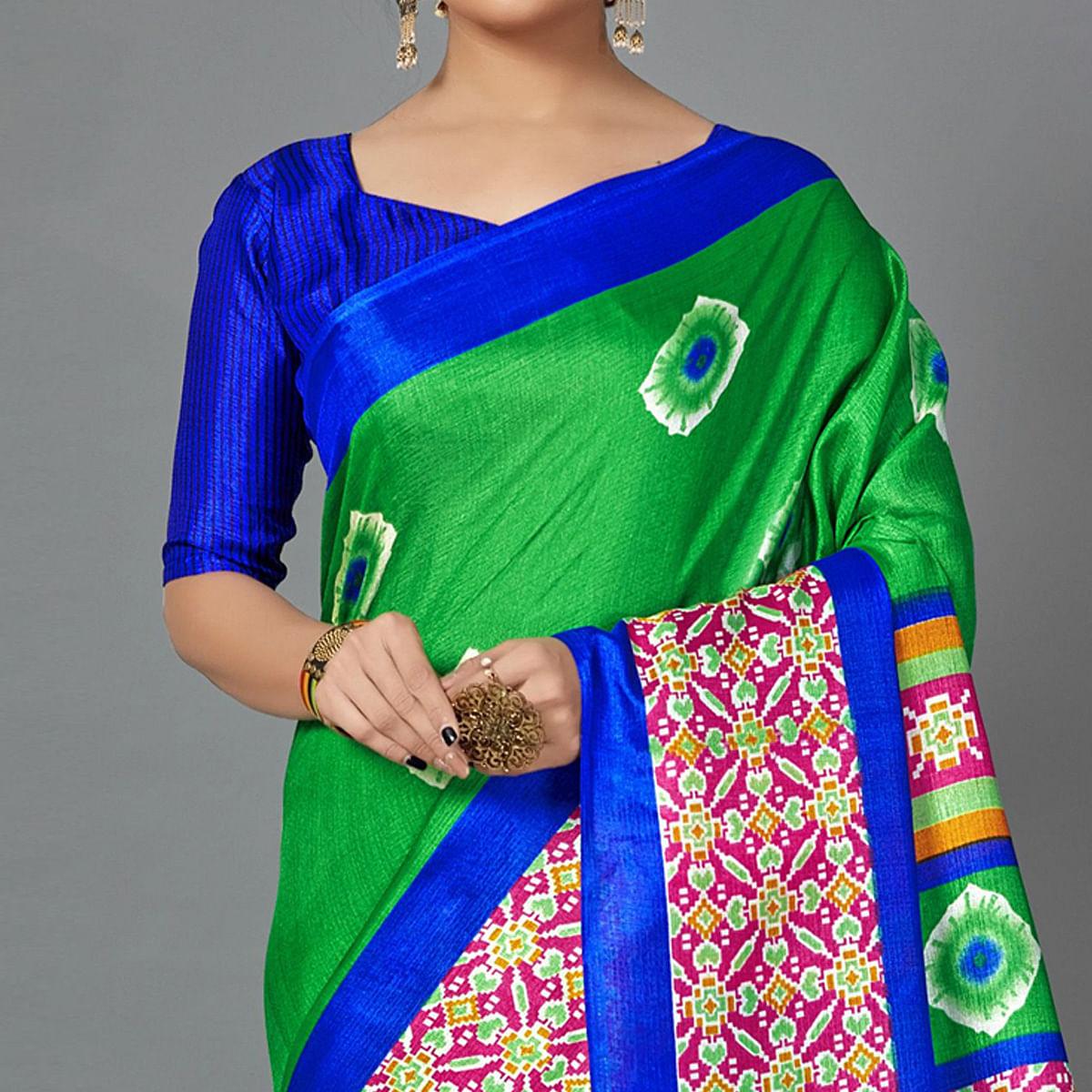 Sareemall Green Casual Art Silk Printed Saree With Unstitched Blouse - Peachmode