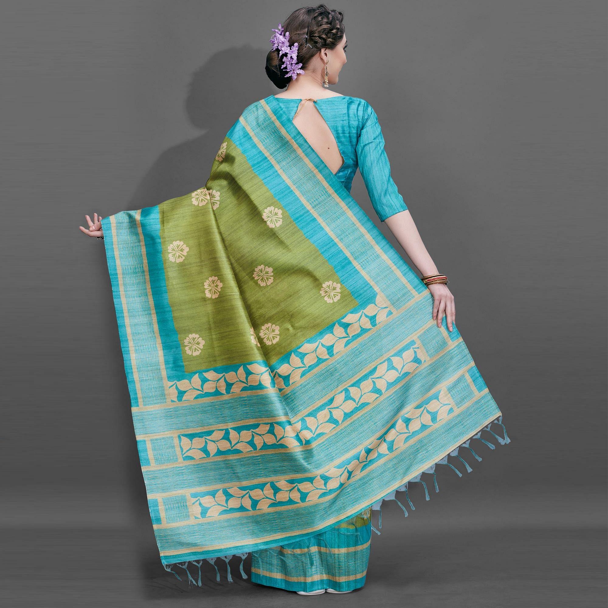 Sareemall  Green Casual Art Silk Printed Saree With Unstitched Blouse - Peachmode