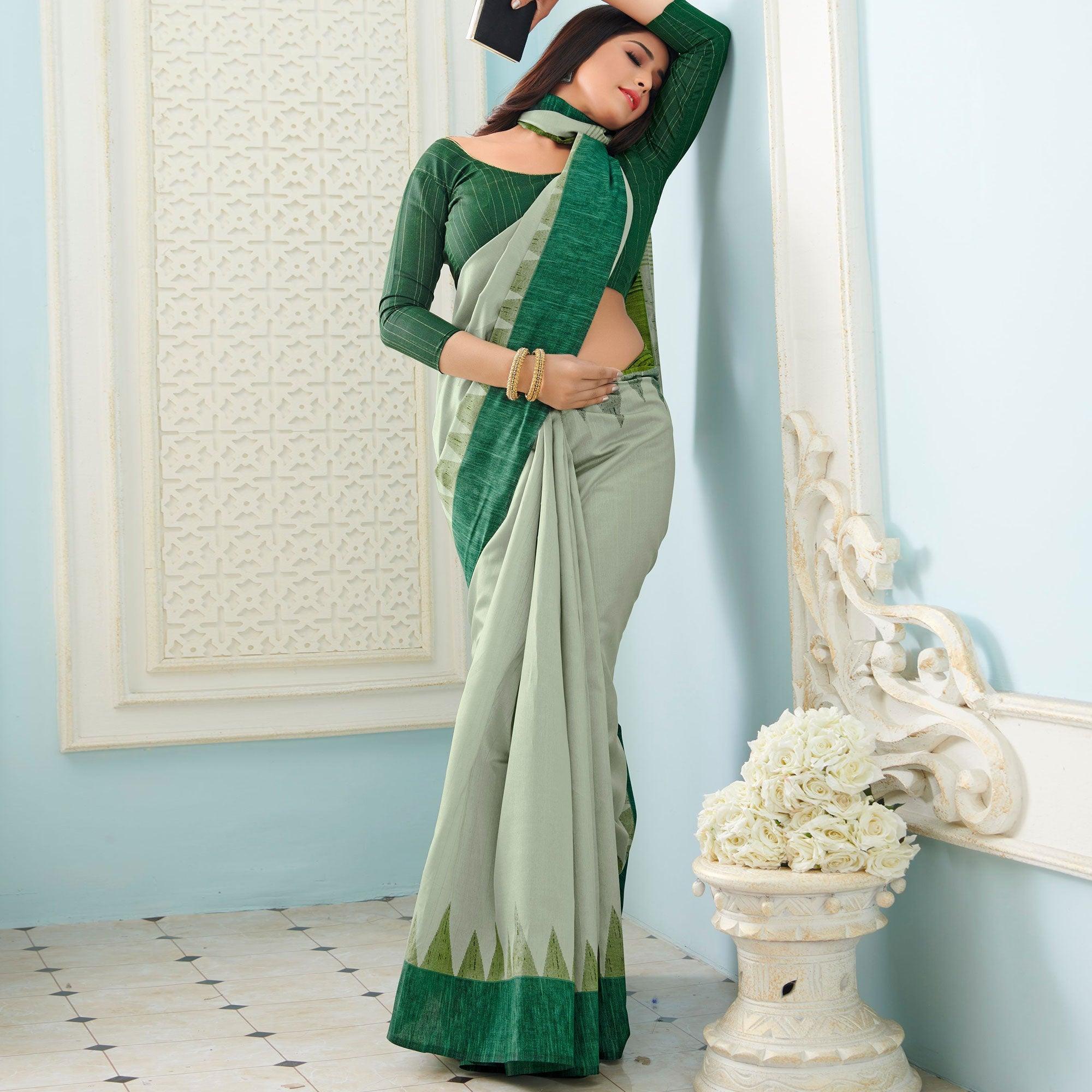 Sareemall Green Casual Bhagalpuri Printed Saree With Unstitched Blouse - Peachmode