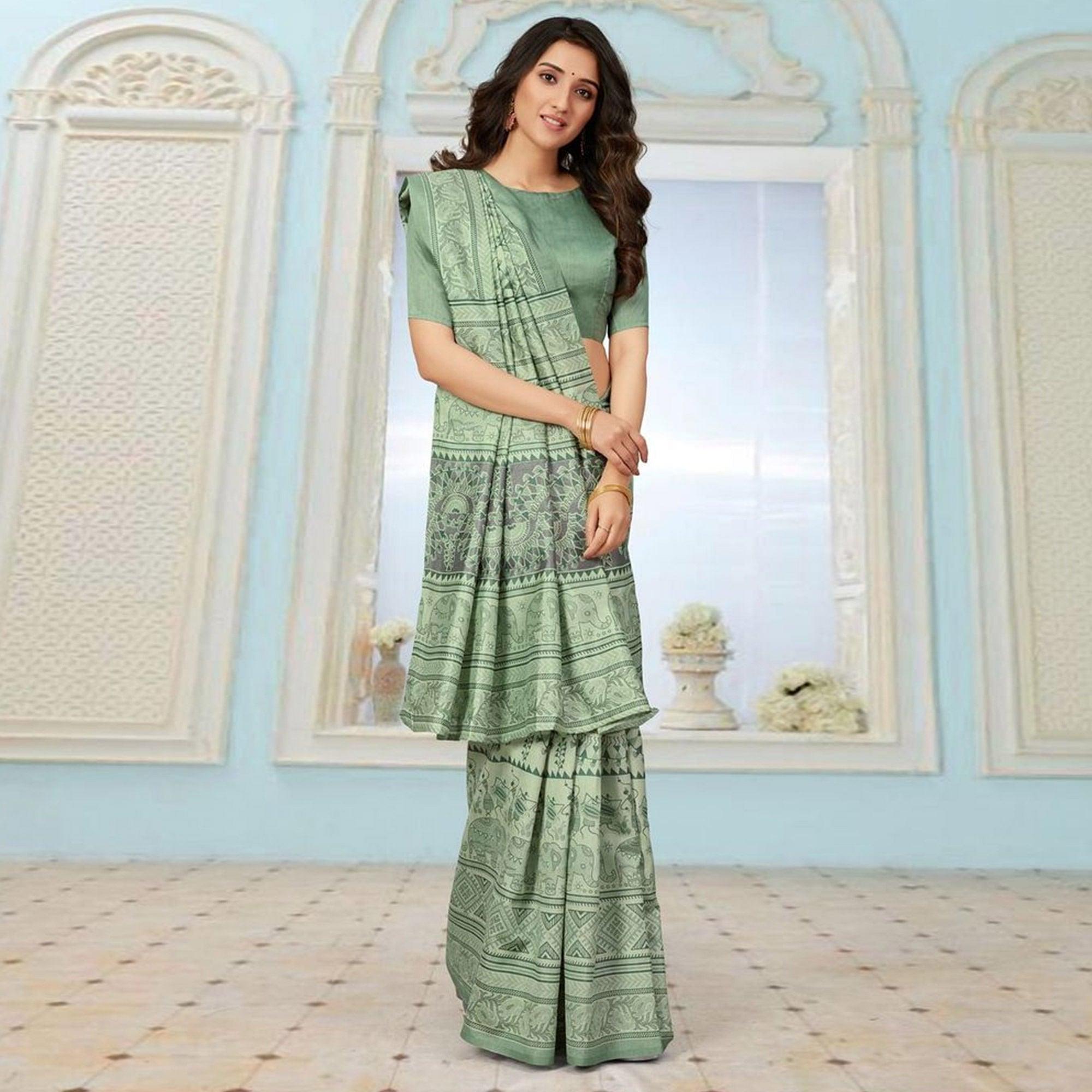 Sareemall Green Casual Bhagalpuri Printed Saree With Unstitched Blouse - Peachmode