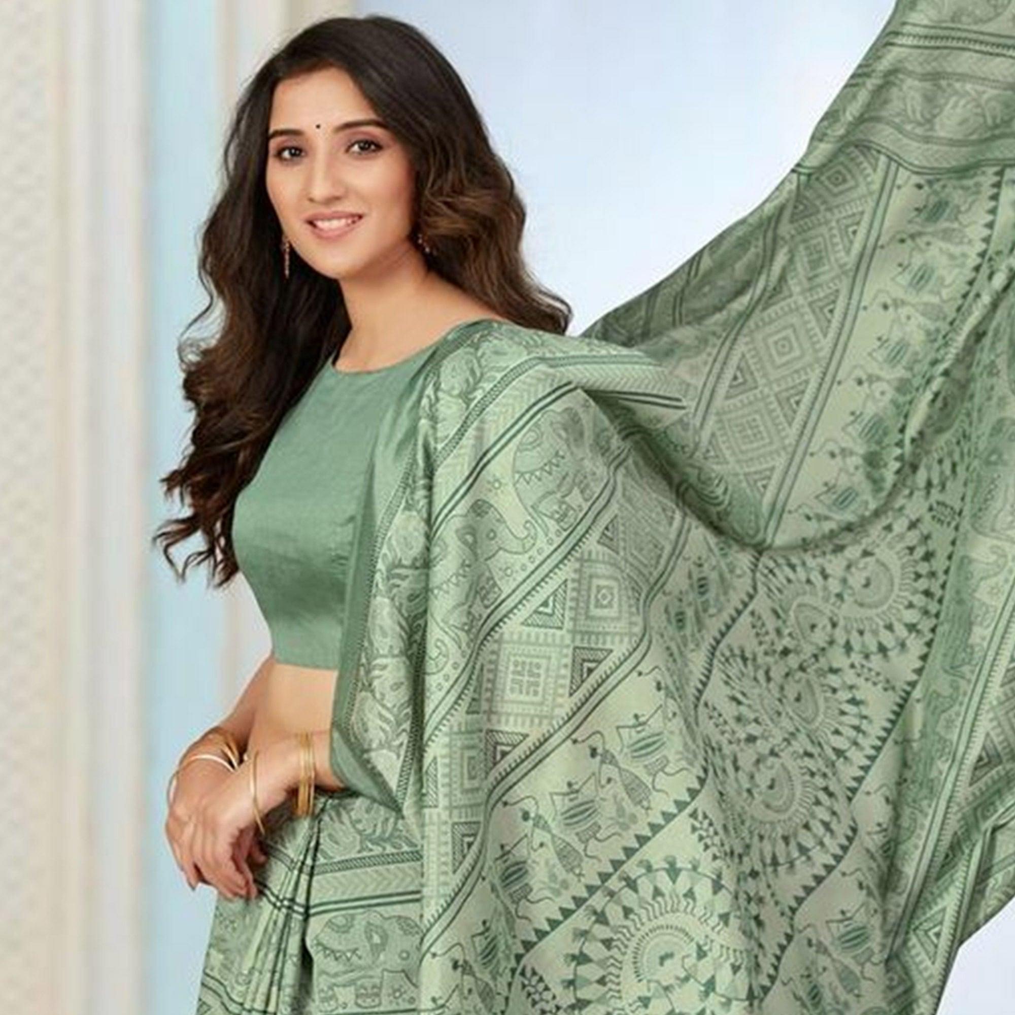 Sareemall Green Casual Bhagalpuri Printed Saree With Unstitched Blouse - Peachmode