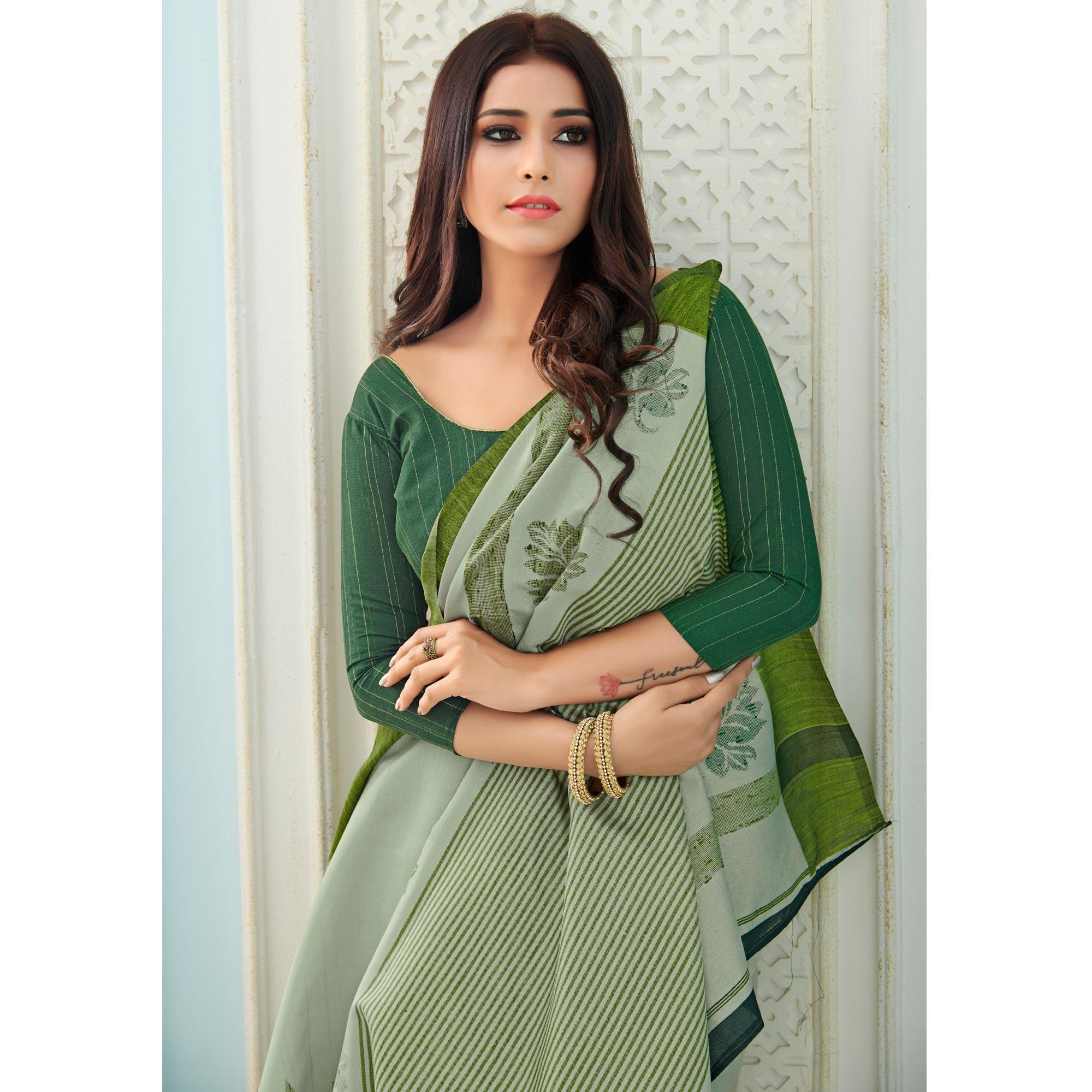 Sareemall Green Casual Bhagalpuri Printed Saree With Unstitched Blouse - Peachmode
