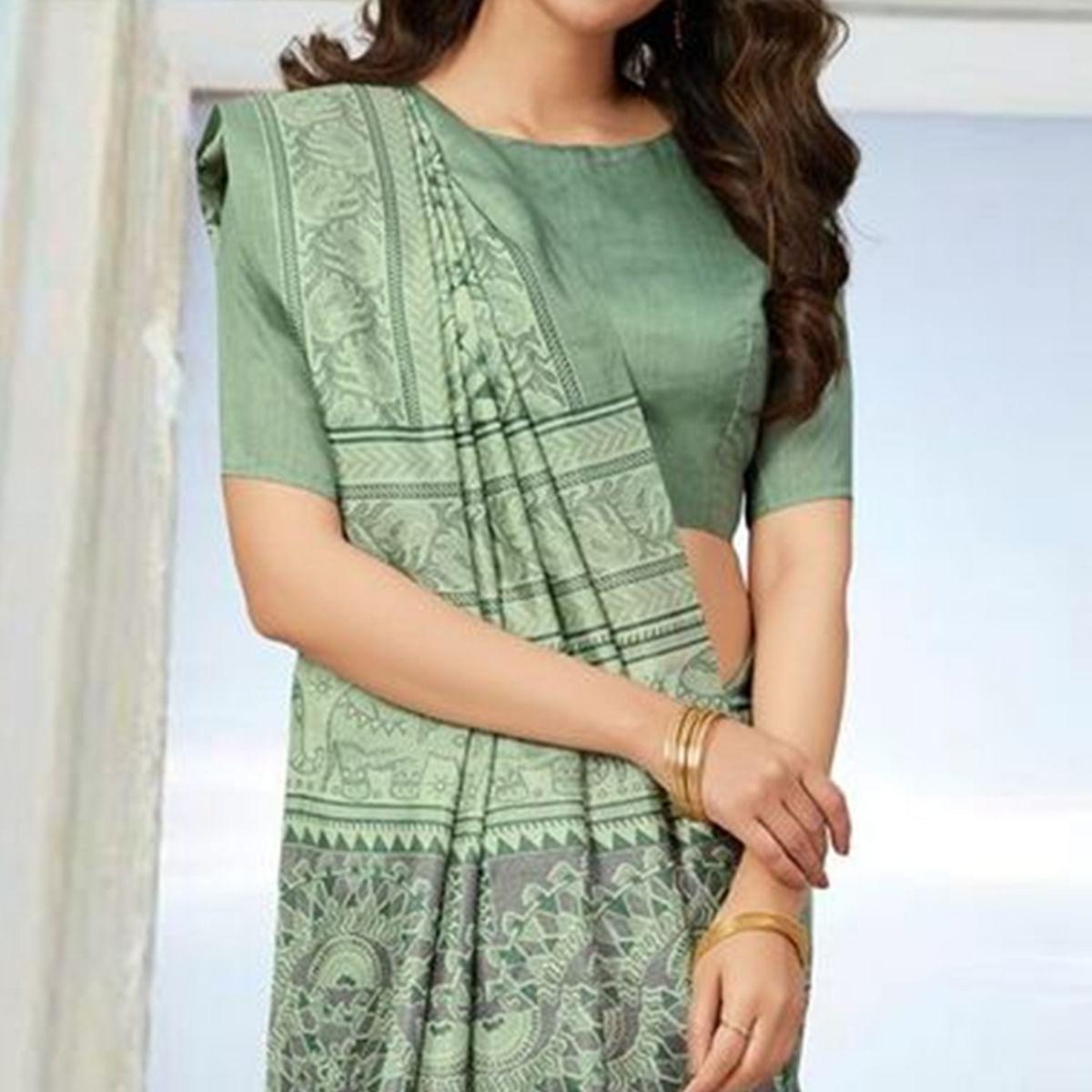 Sareemall Green Casual Bhagalpuri Printed Saree With Unstitched Blouse - Peachmode