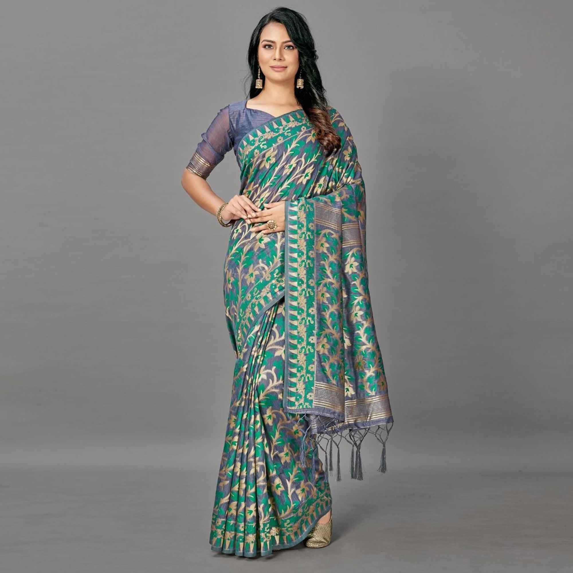 Sareemall Green Casual Bhagalpuri Silk Woven Saree With Unstitched Blouse - Peachmode
