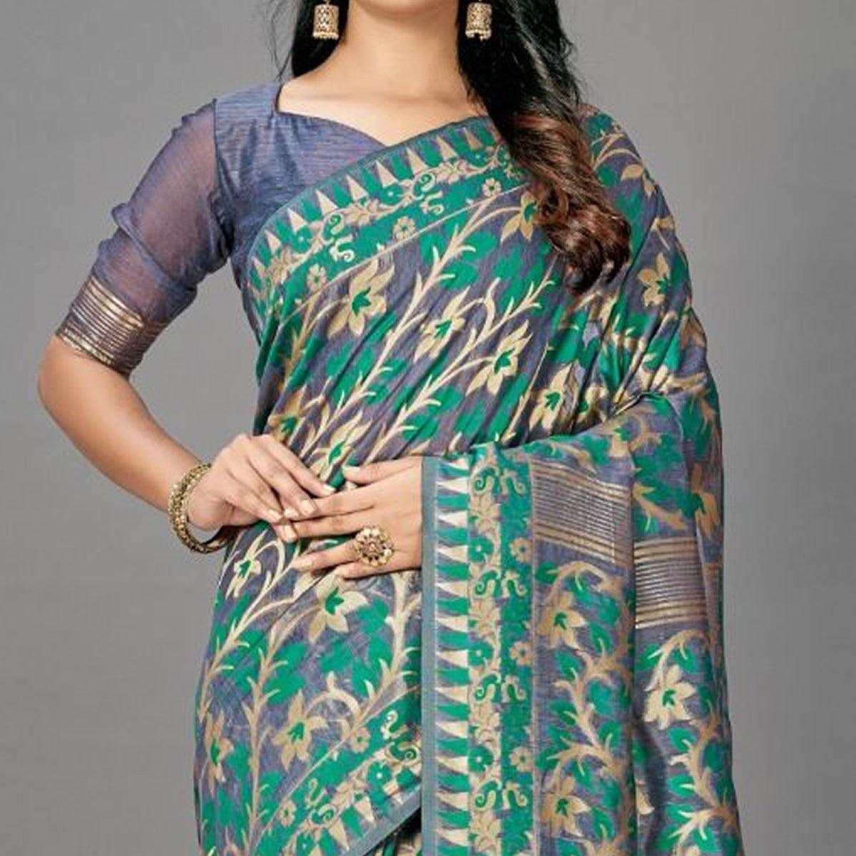 Sareemall Green Casual Bhagalpuri Silk Woven Saree With Unstitched Blouse - Peachmode