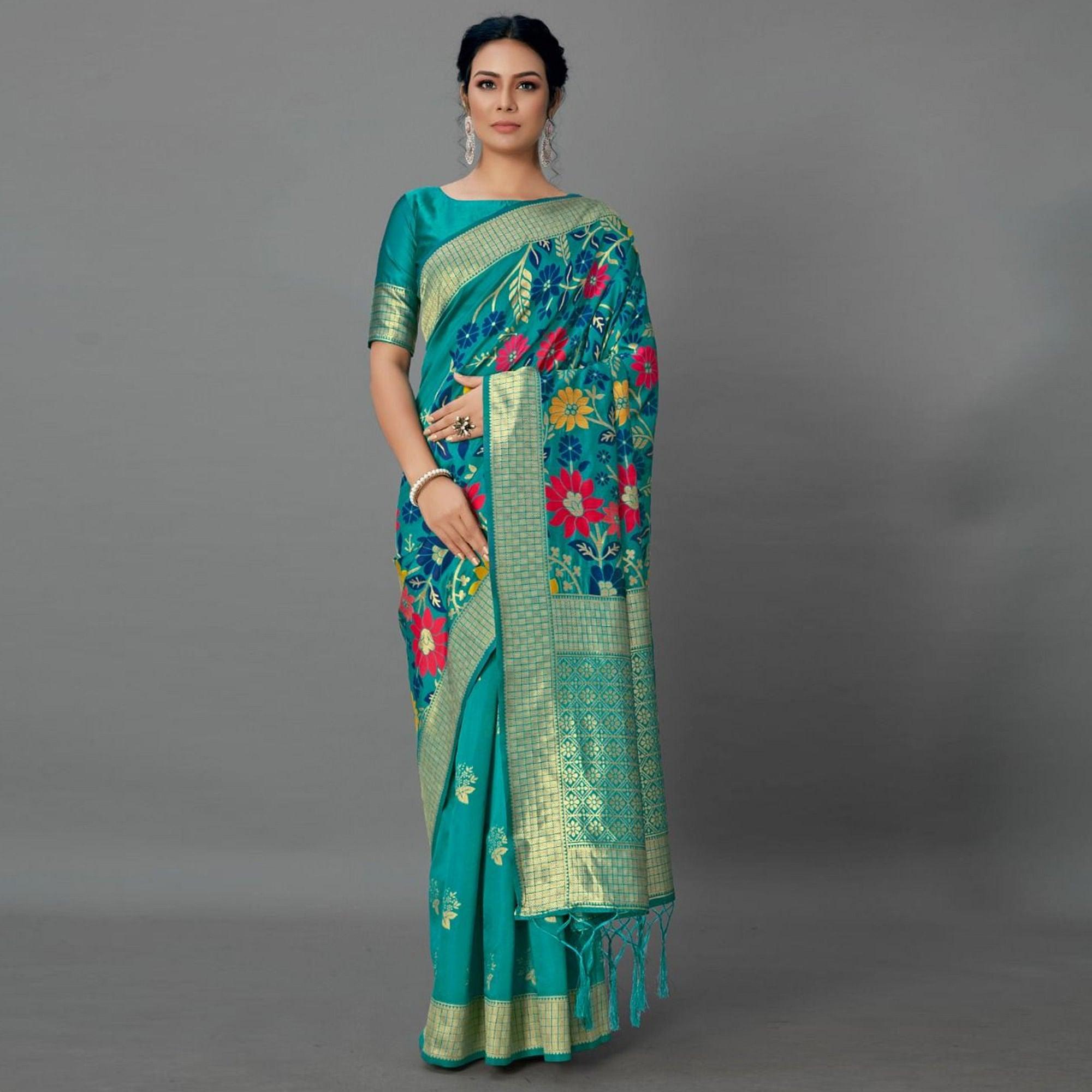 Sareemall Green Casual Silk Blend Printed Saree With Unstitched Blouse - Peachmode