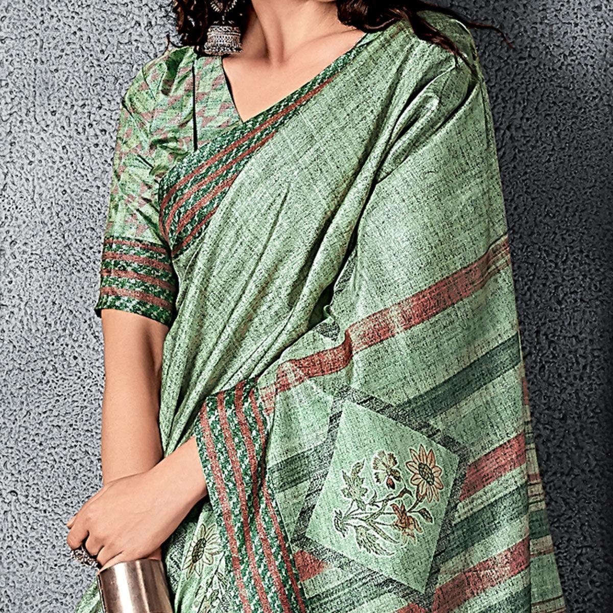 Sareemall Green Festive Manipuri Silk Geometric Saree With Unstitched Blouse - Peachmode