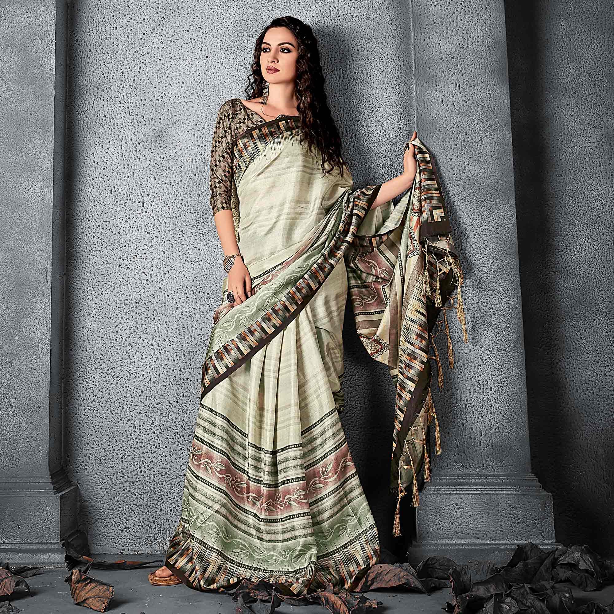 Sareemall Green Festive Manipuri Silk Stripes Saree With Unstitched Blouse - Peachmode
