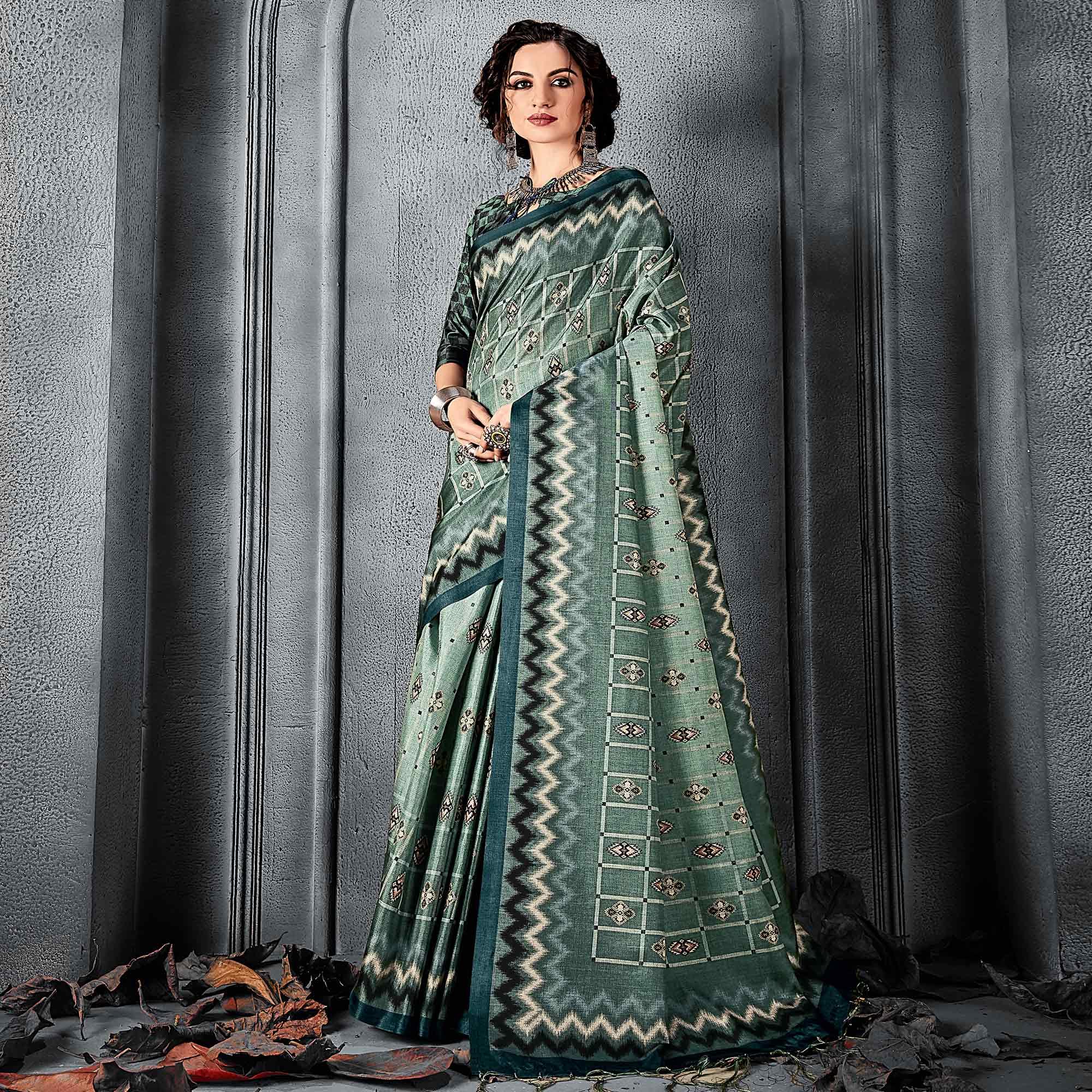 Sareemall Green Festive Manipuri Silk Stripes Saree With Unstitched Blouse - Peachmode