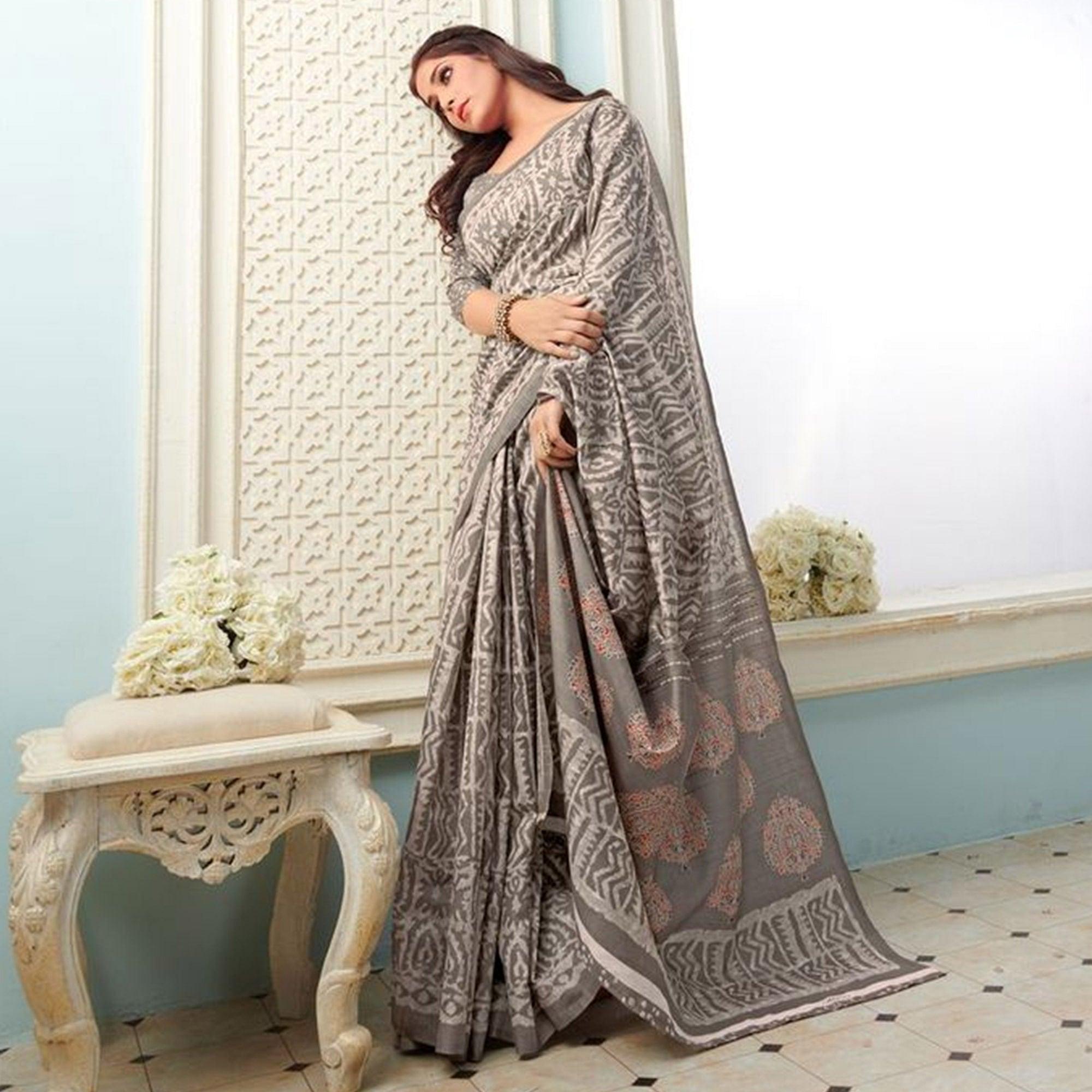 Sareemall Grey Casual Bhagalpuri Printed Saree With Unstitched Blouse - Peachmode