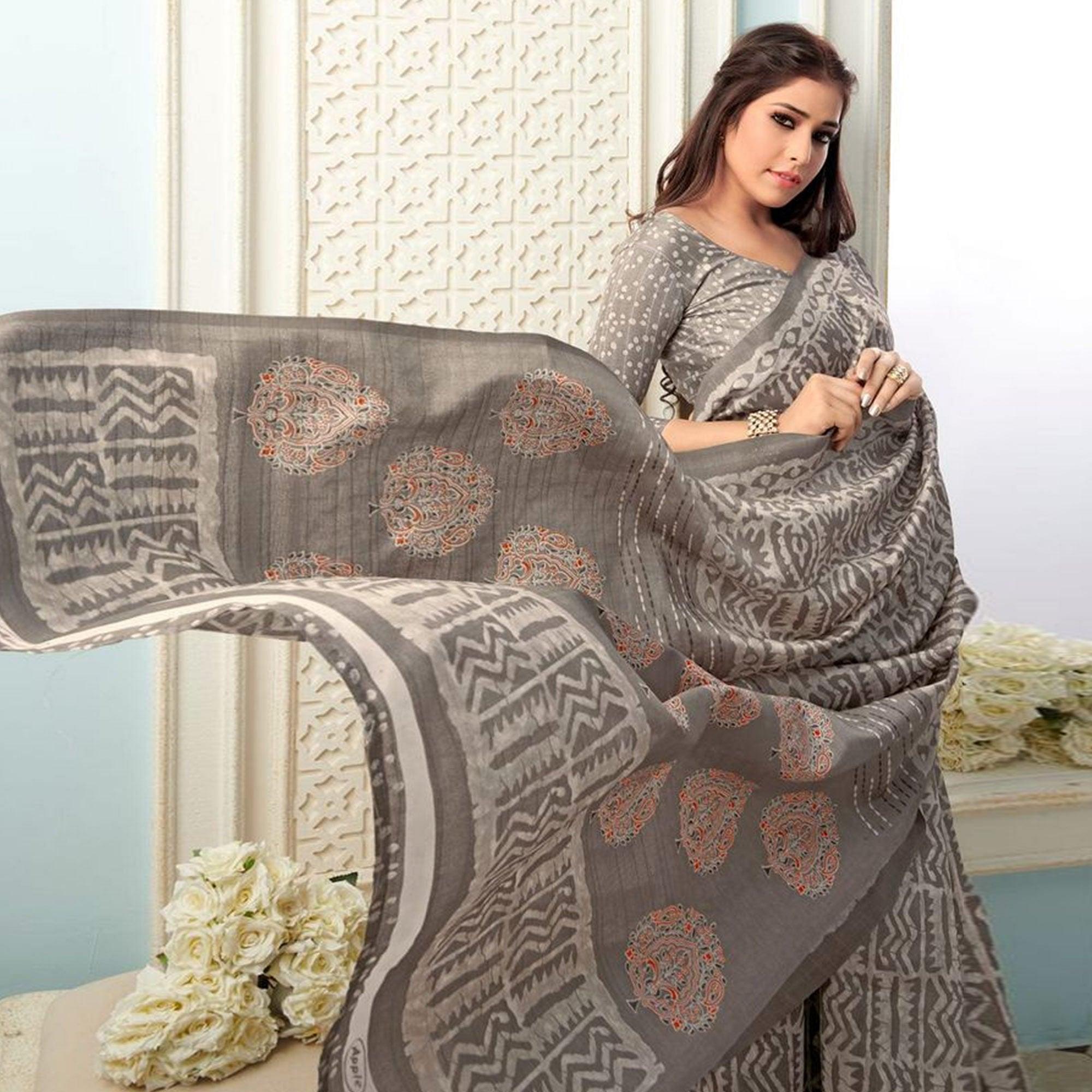 Sareemall Grey Casual Bhagalpuri Printed Saree With Unstitched Blouse - Peachmode