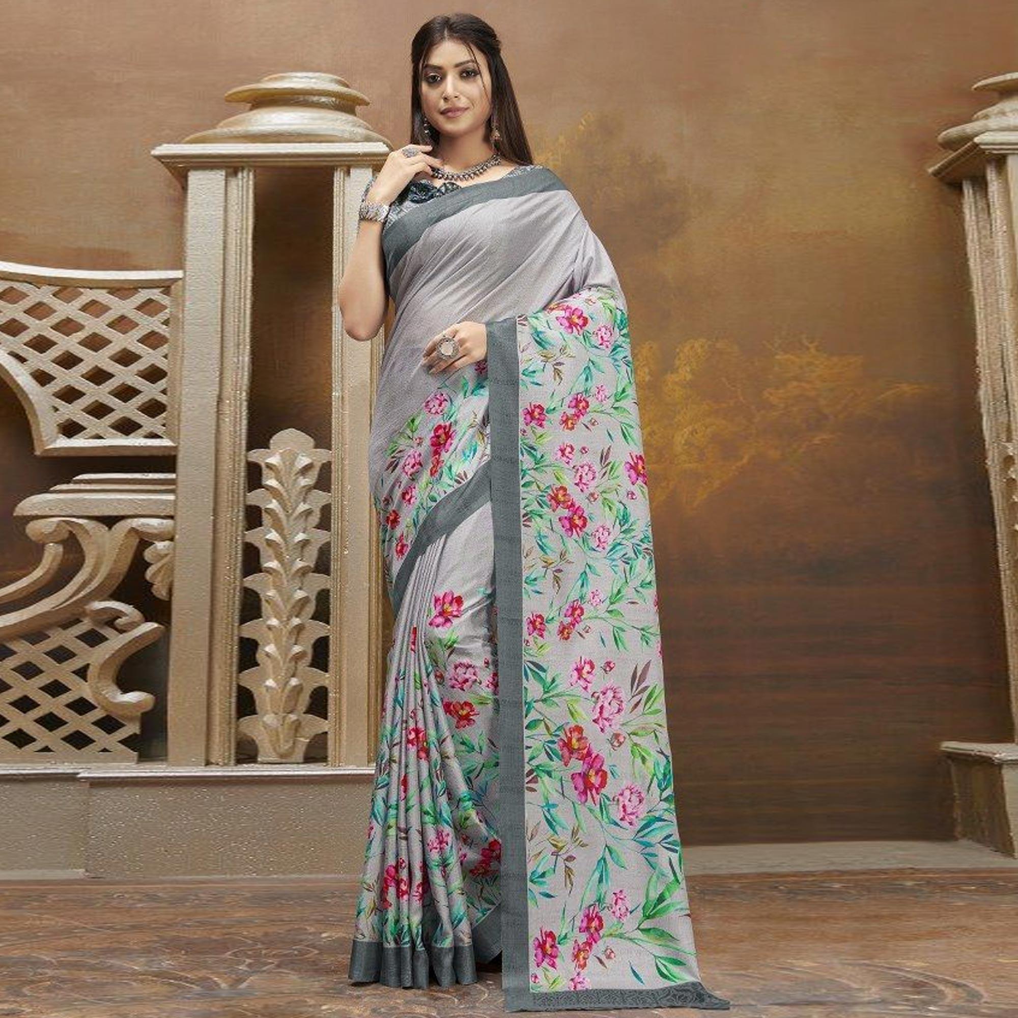 Sareemall Grey Casual Satin Printed Saree With Unstitched Blouse - Peachmode
