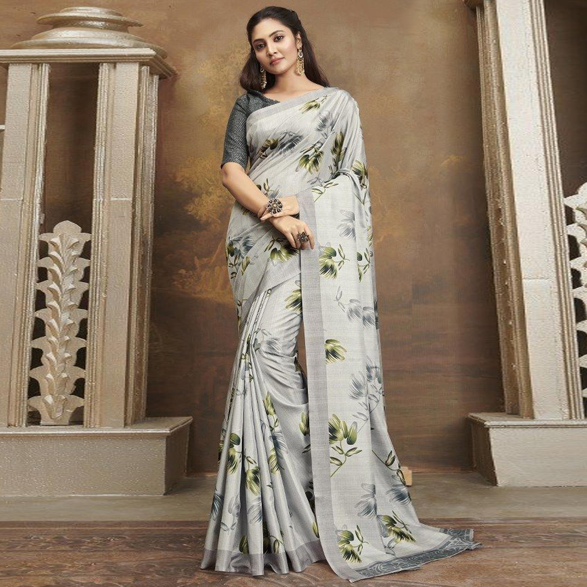 Sareemall Grey Casual Satin Printed Saree With Unstitched Blouse - Peachmode