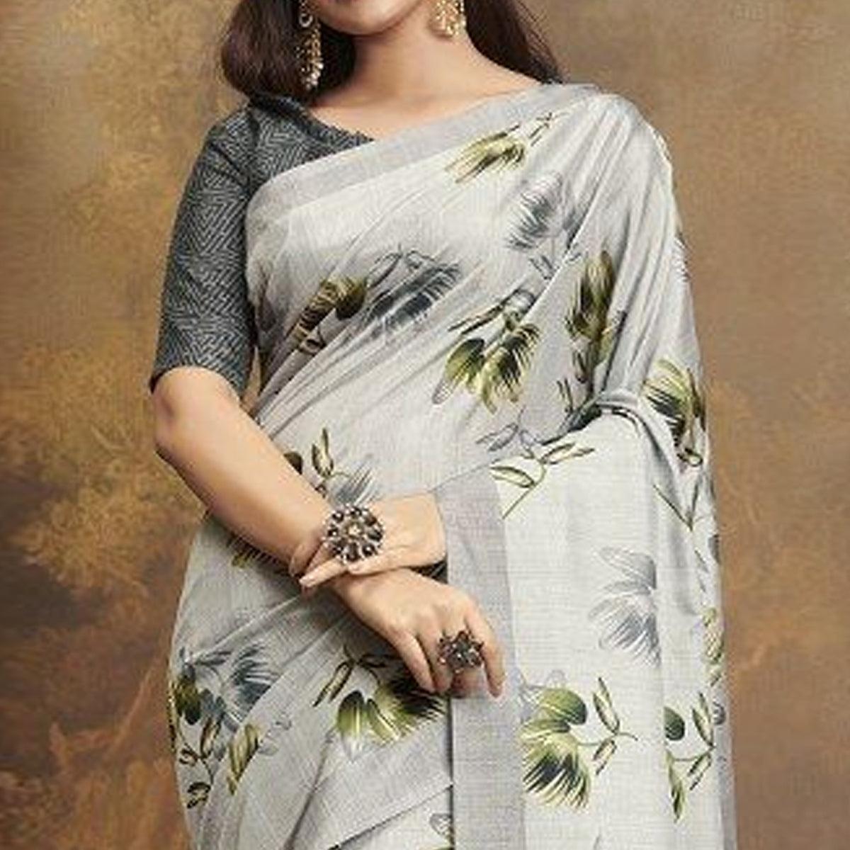 Sareemall Grey Casual Satin Printed Saree With Unstitched Blouse - Peachmode