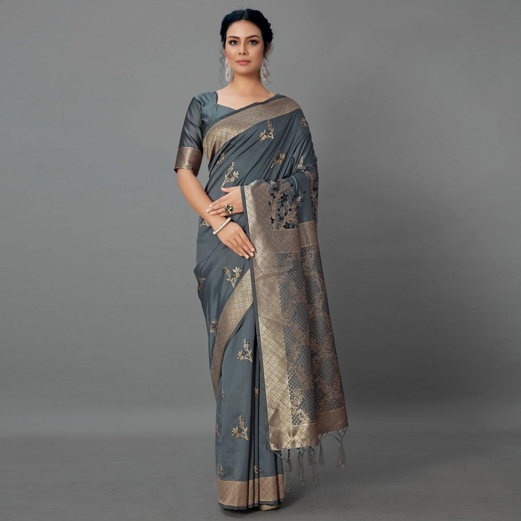 Sareemall Grey Casual Silk Blend Printed Saree With Unstitched Blouse - Peachmode