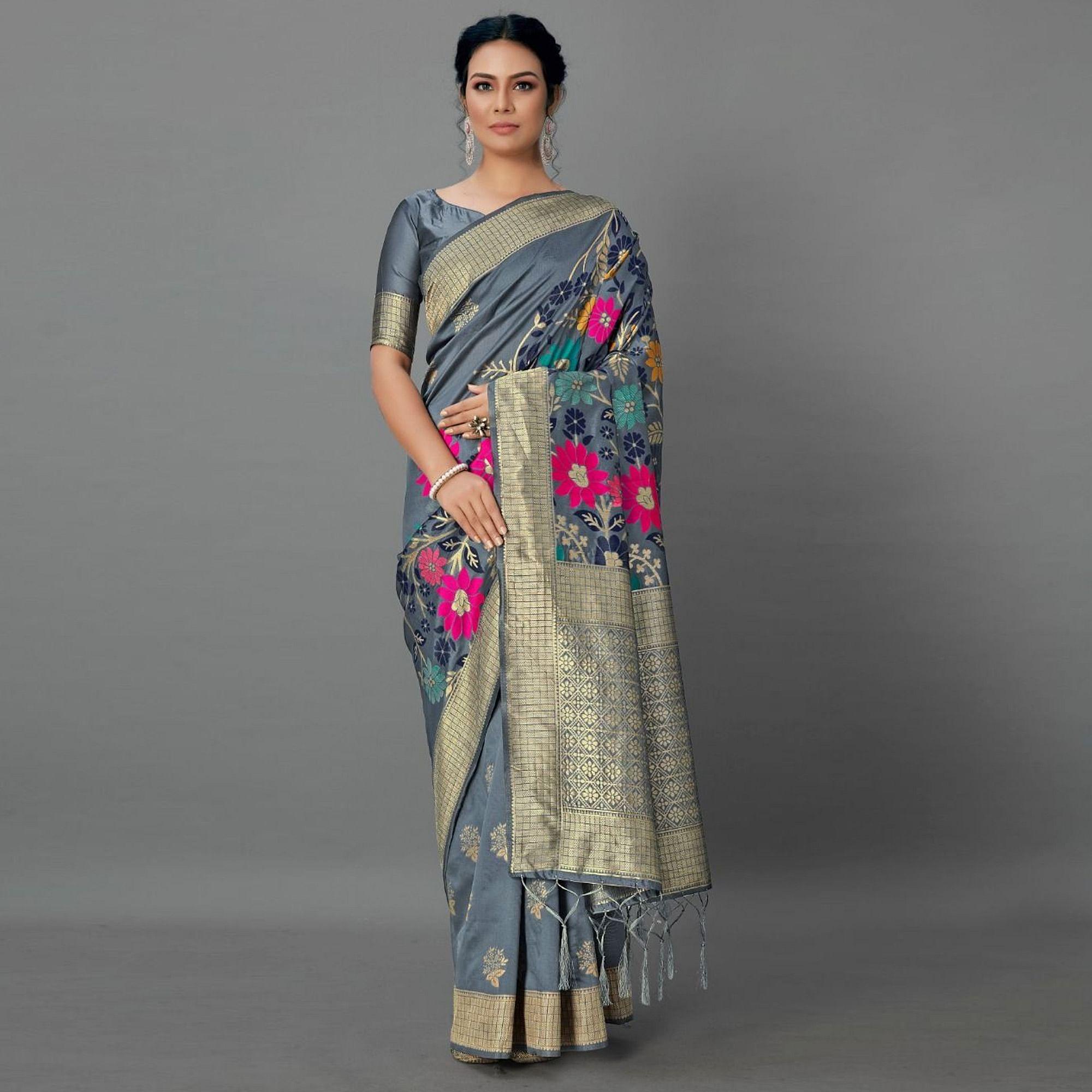 Sareemall Grey Casual Silk Blend Printed Saree With Unstitched Blouse - Peachmode