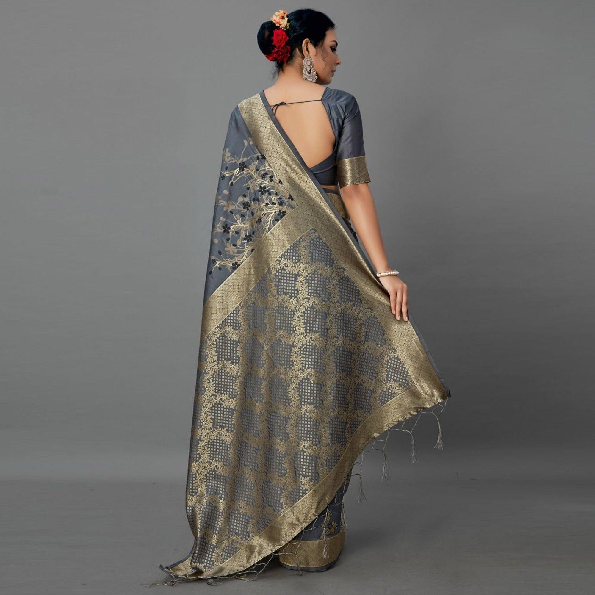Sareemall Grey Casual Silk Blend Printed Saree With Unstitched Blouse - Peachmode
