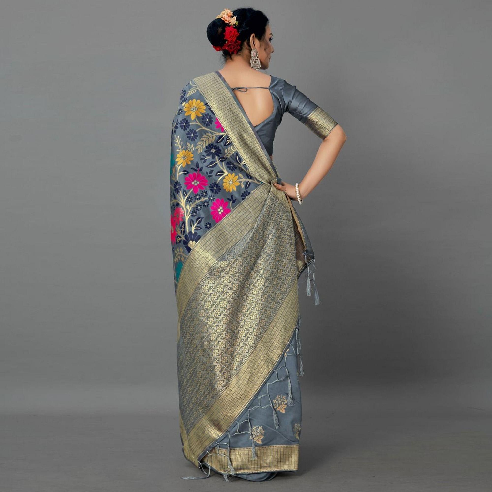 Sareemall Grey Casual Silk Blend Printed Saree With Unstitched Blouse - Peachmode