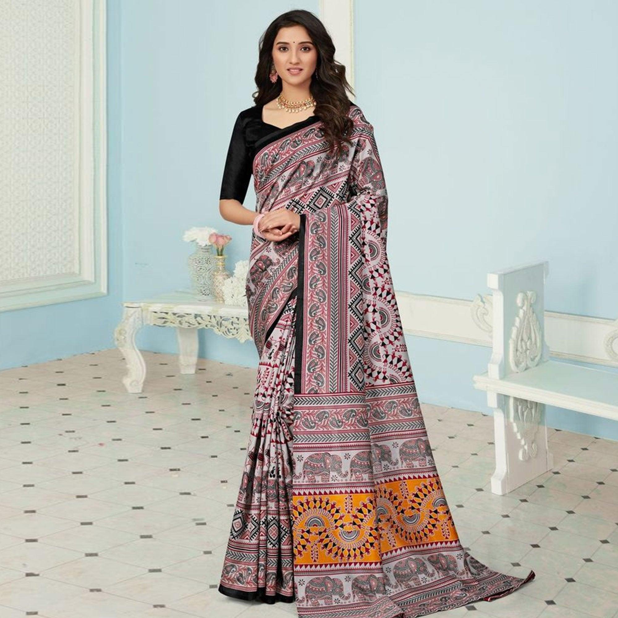 Sareemall Multicolor Casual Bhagalpuri Printed Saree With Unstitched Blouse - Peachmode
