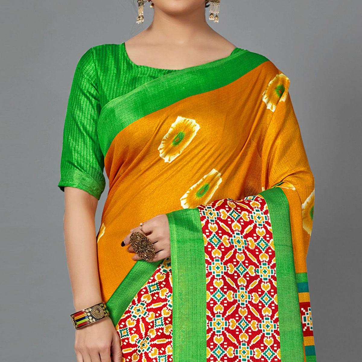 Sareemall Mustard Casual Art Silk Printed Saree With Unstitched Blouse - Peachmode
