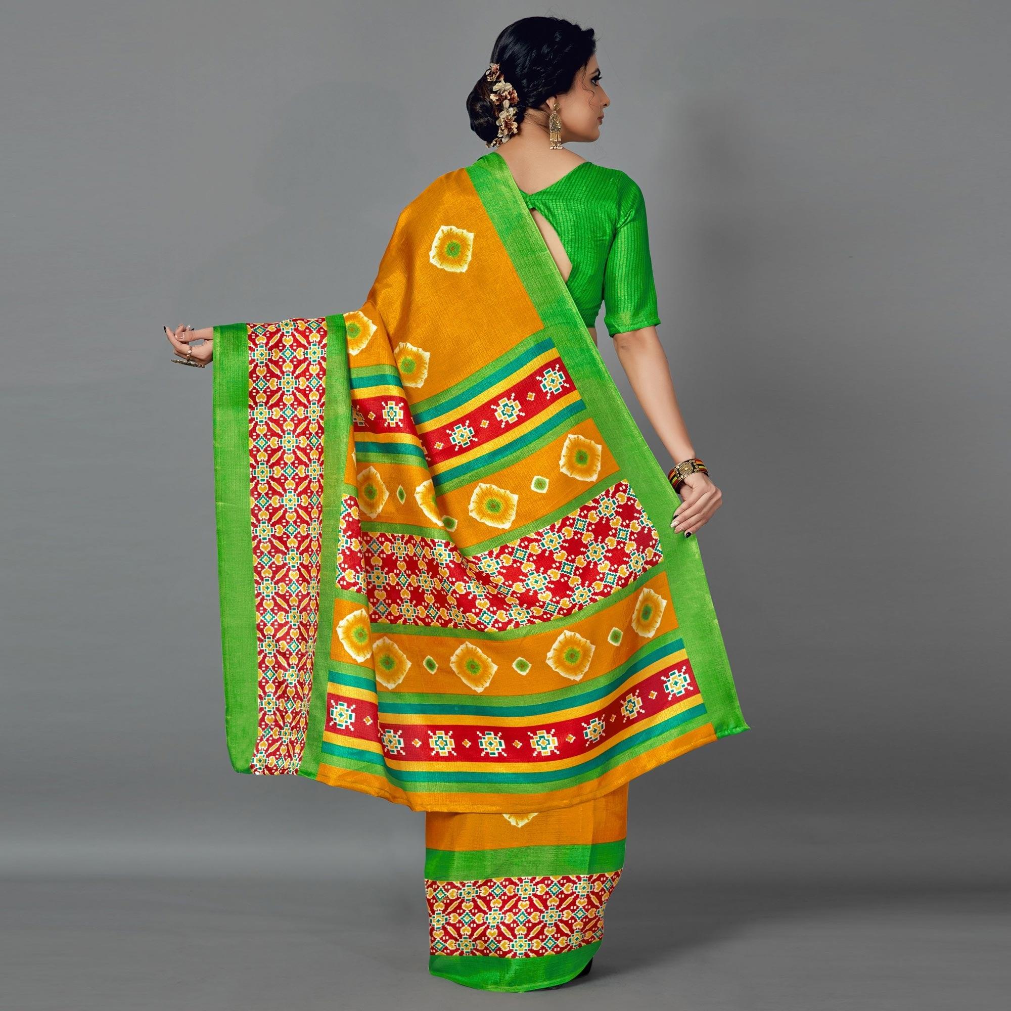 Sareemall Mustard Casual Art Silk Printed Saree With Unstitched Blouse - Peachmode