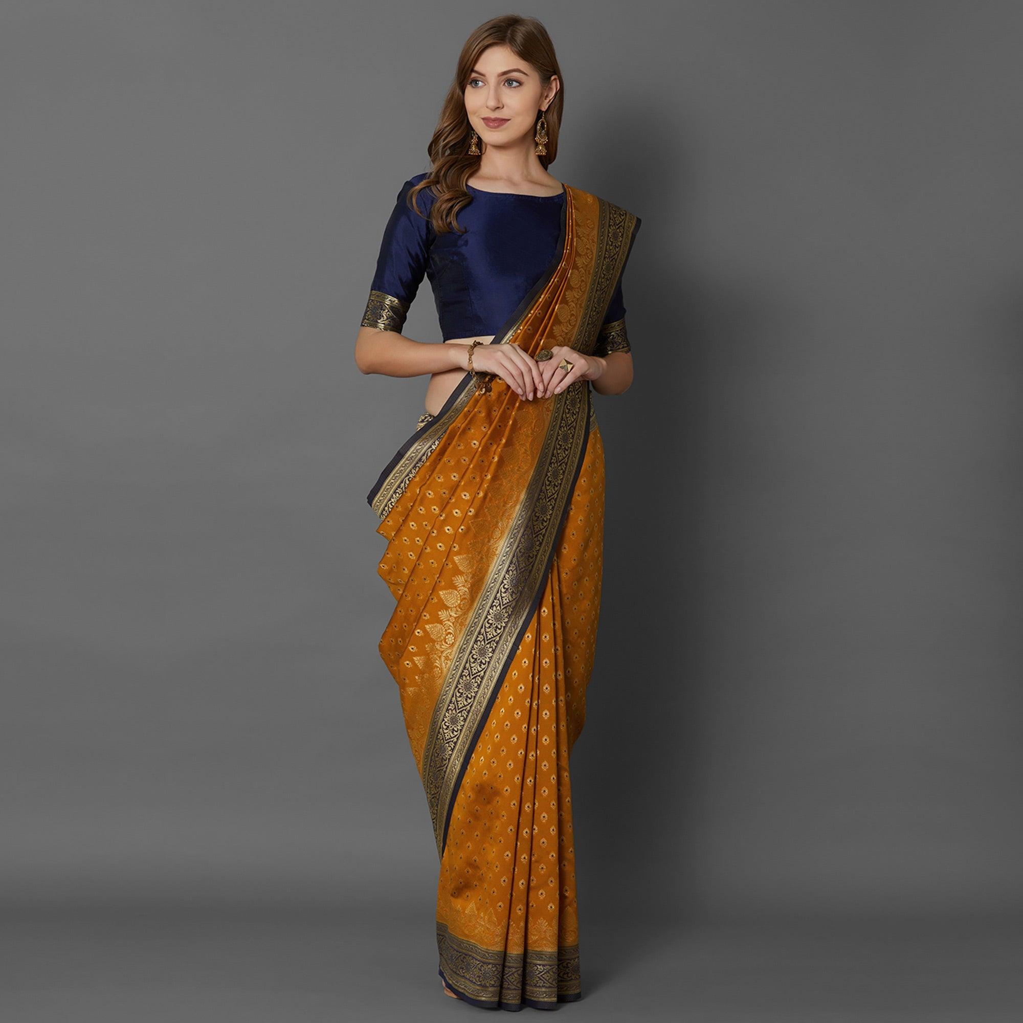 Sareemall Mustard Festive Wear Silk Blend Woven Border Saree With Unstitched Blouse - Peachmode