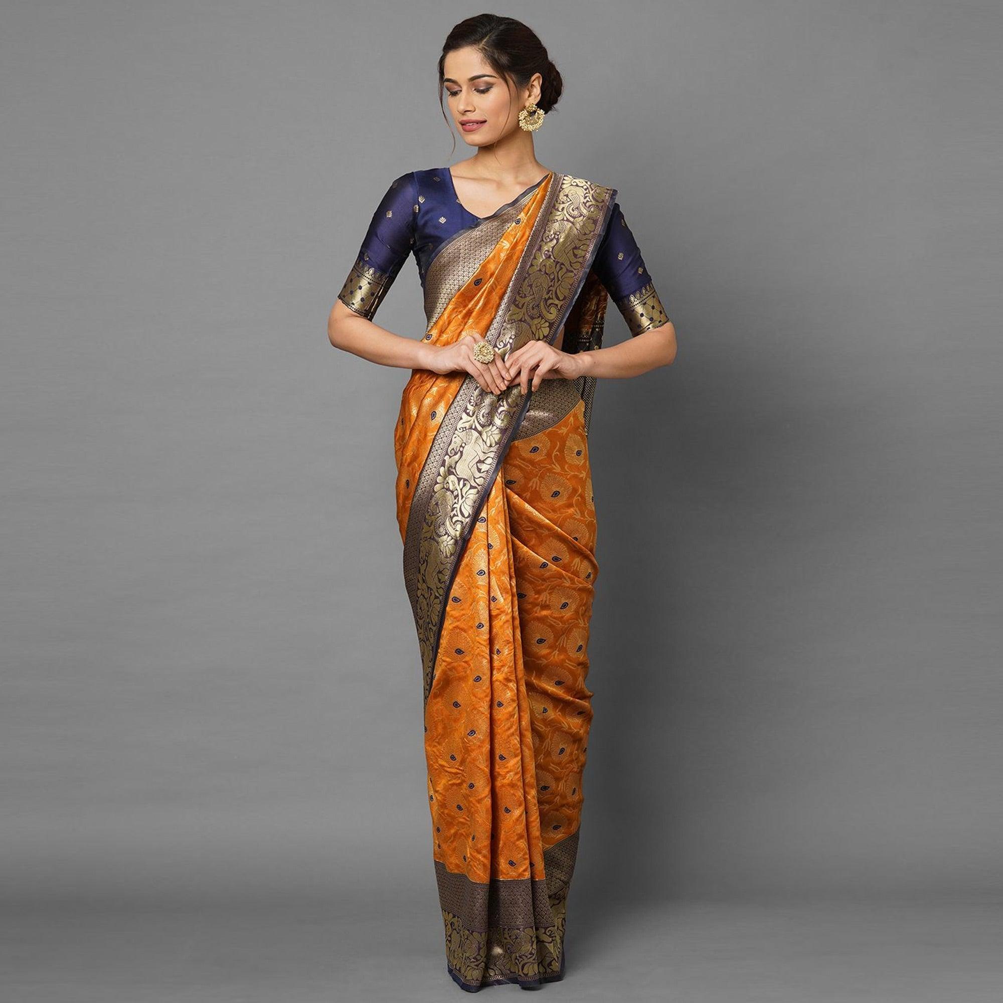 Sareemall Mustard Festive Wear Silk Blend Woven Border Saree With Unstitched Blouse - Peachmode