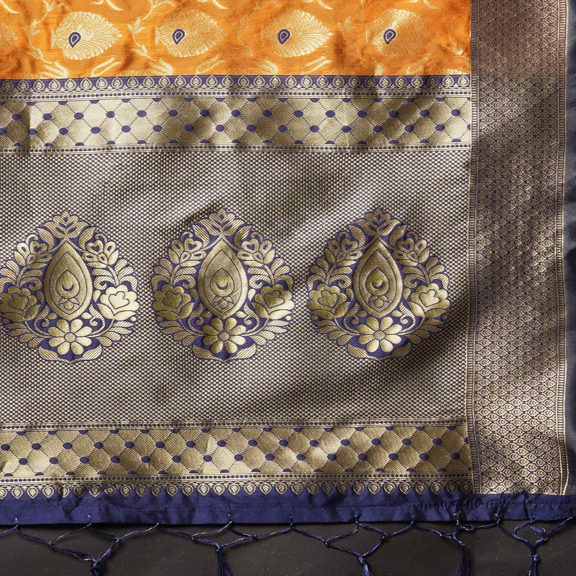 Sareemall Mustard Festive Wear Silk Blend Woven Border Saree With Unstitched Blouse - Peachmode