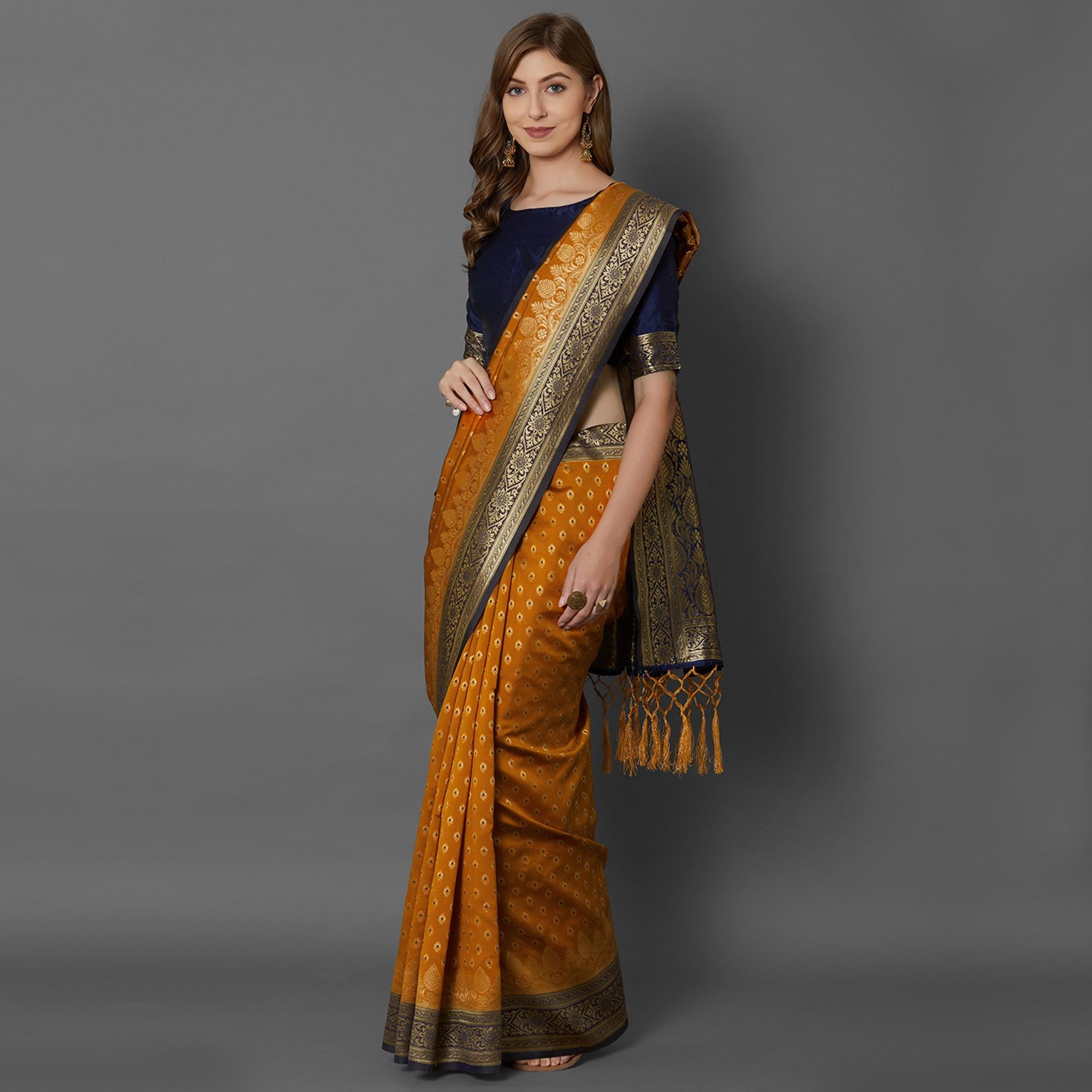 Sareemall Mustard Festive Wear Silk Blend Woven Border Saree With Unstitched Blouse - Peachmode