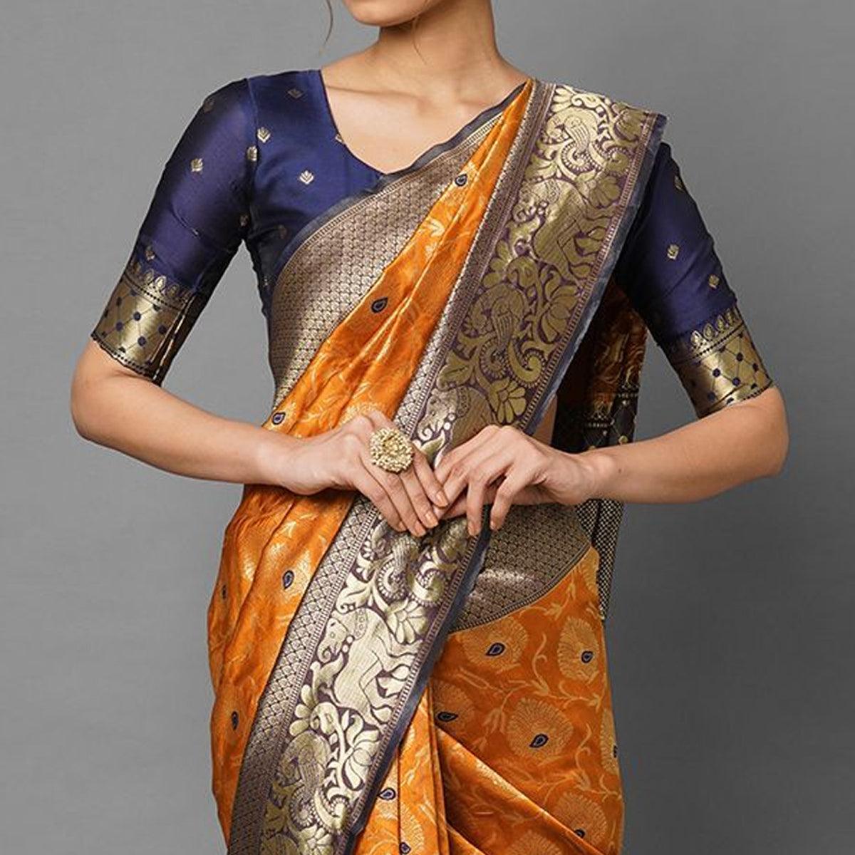 Sareemall Mustard Festive Wear Silk Blend Woven Border Saree With Unstitched Blouse - Peachmode