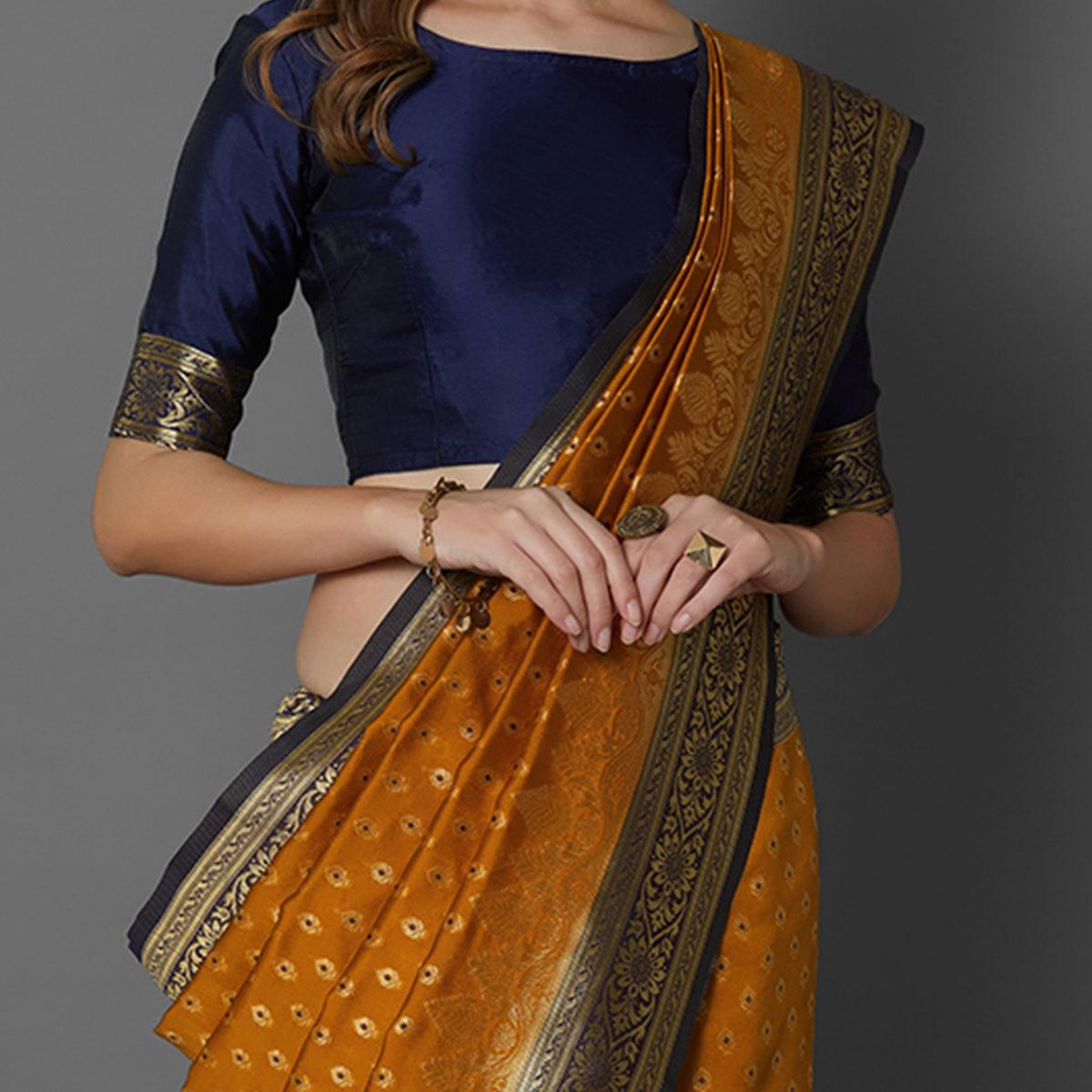 Sareemall Mustard Festive Wear Silk Blend Woven Border Saree With Unstitched Blouse - Peachmode