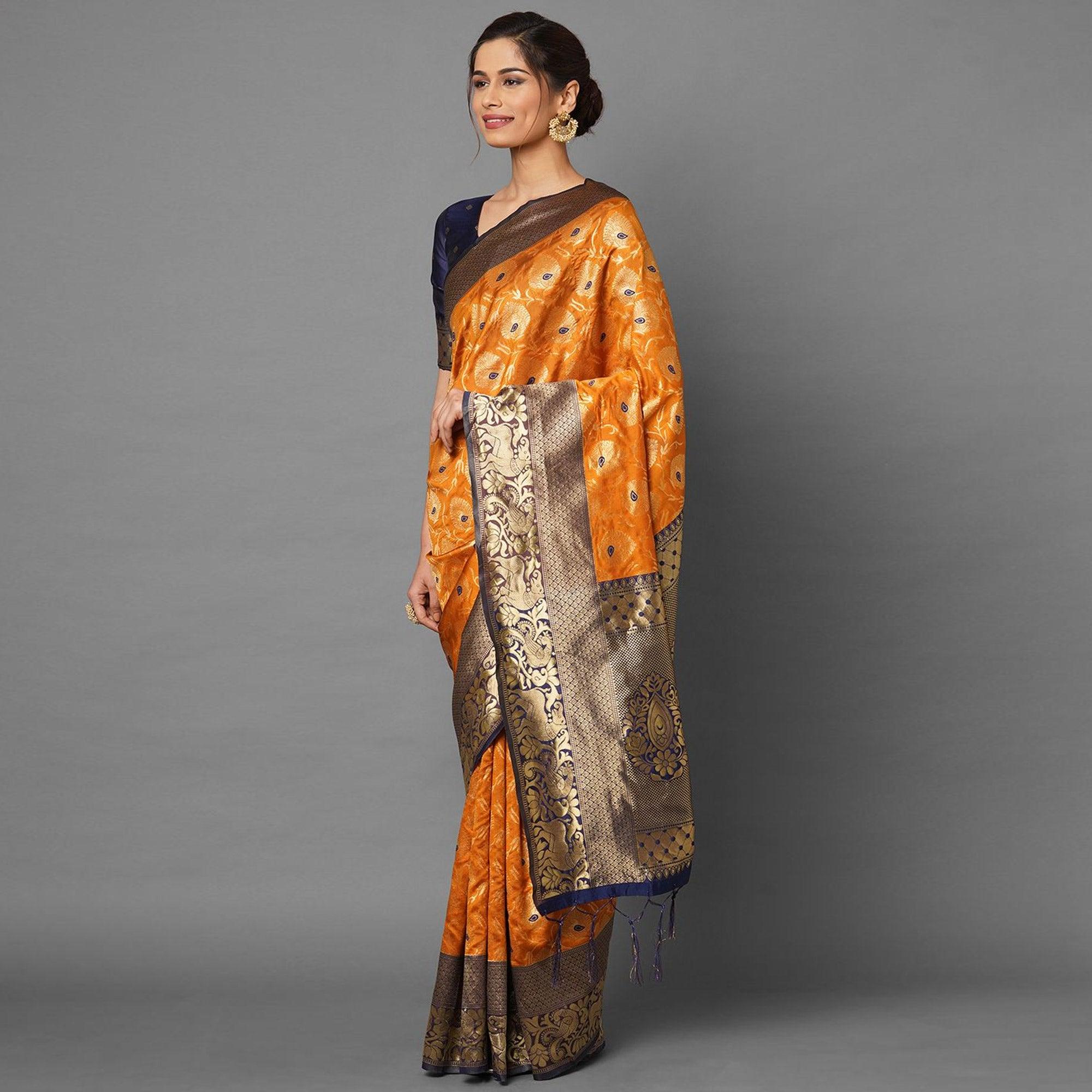 Sareemall Mustard Festive Wear Silk Blend Woven Border Saree With Unstitched Blouse - Peachmode