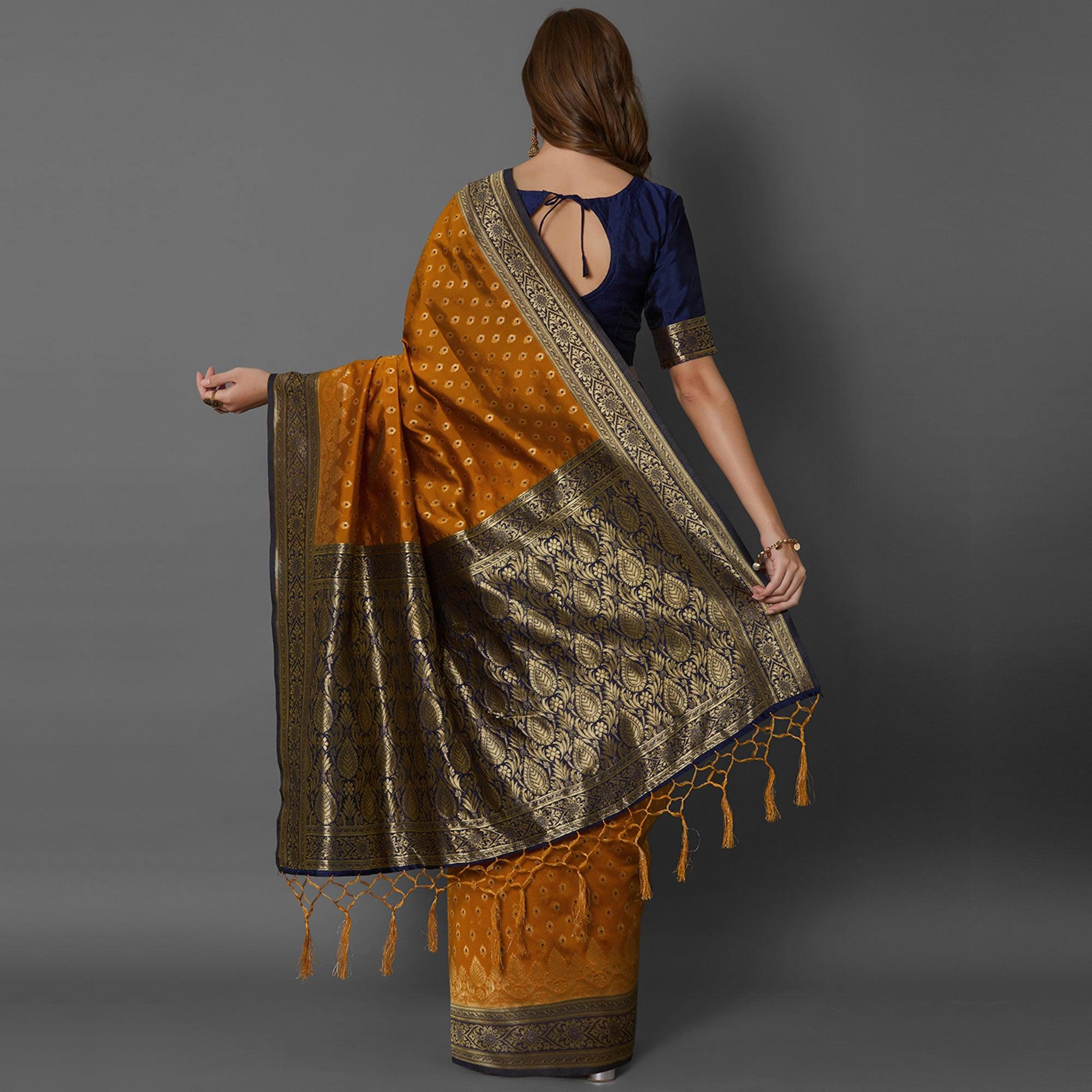 Sareemall Mustard Festive Wear Silk Blend Woven Border Saree With Unstitched Blouse - Peachmode