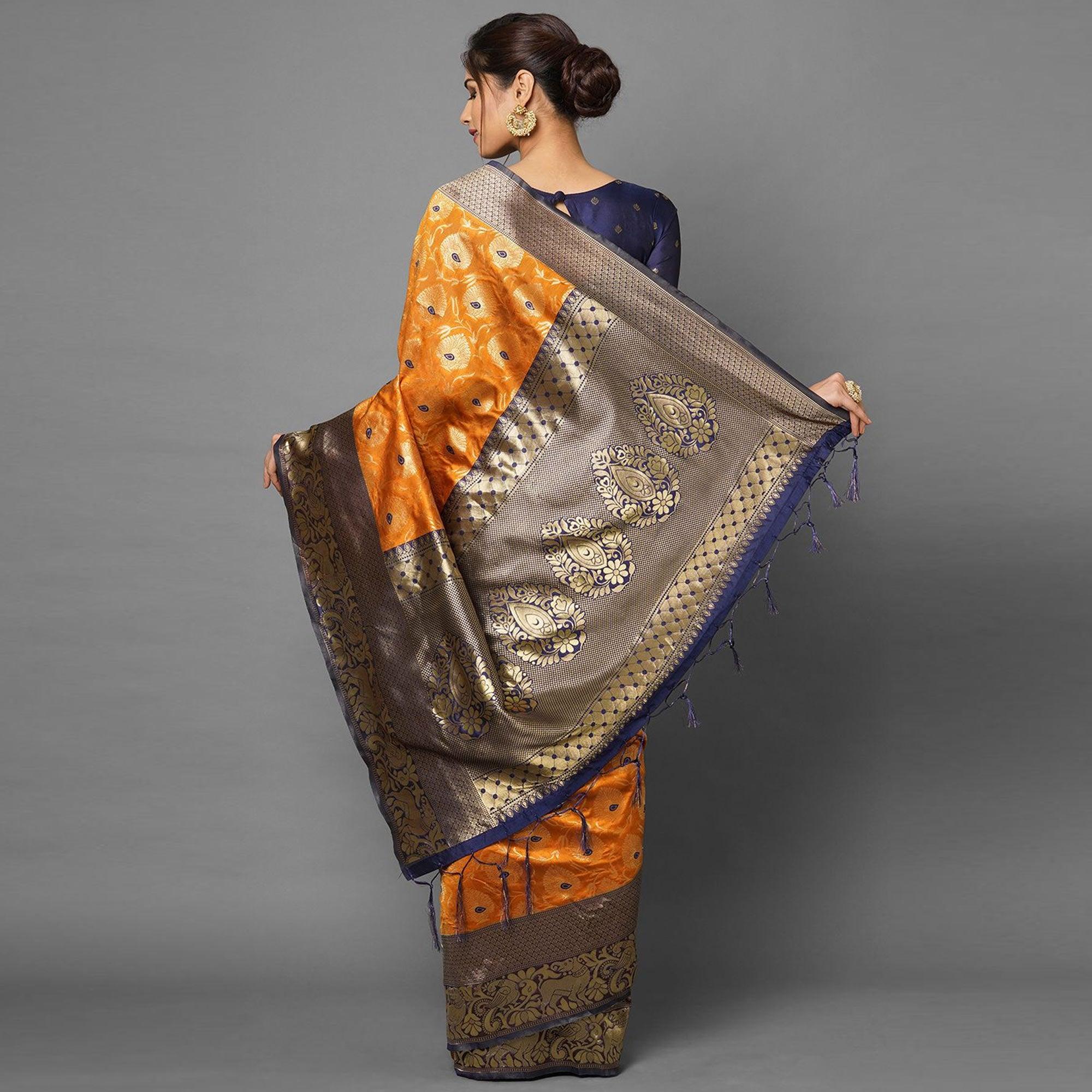 Sareemall Mustard Festive Wear Silk Blend Woven Border Saree With Unstitched Blouse - Peachmode