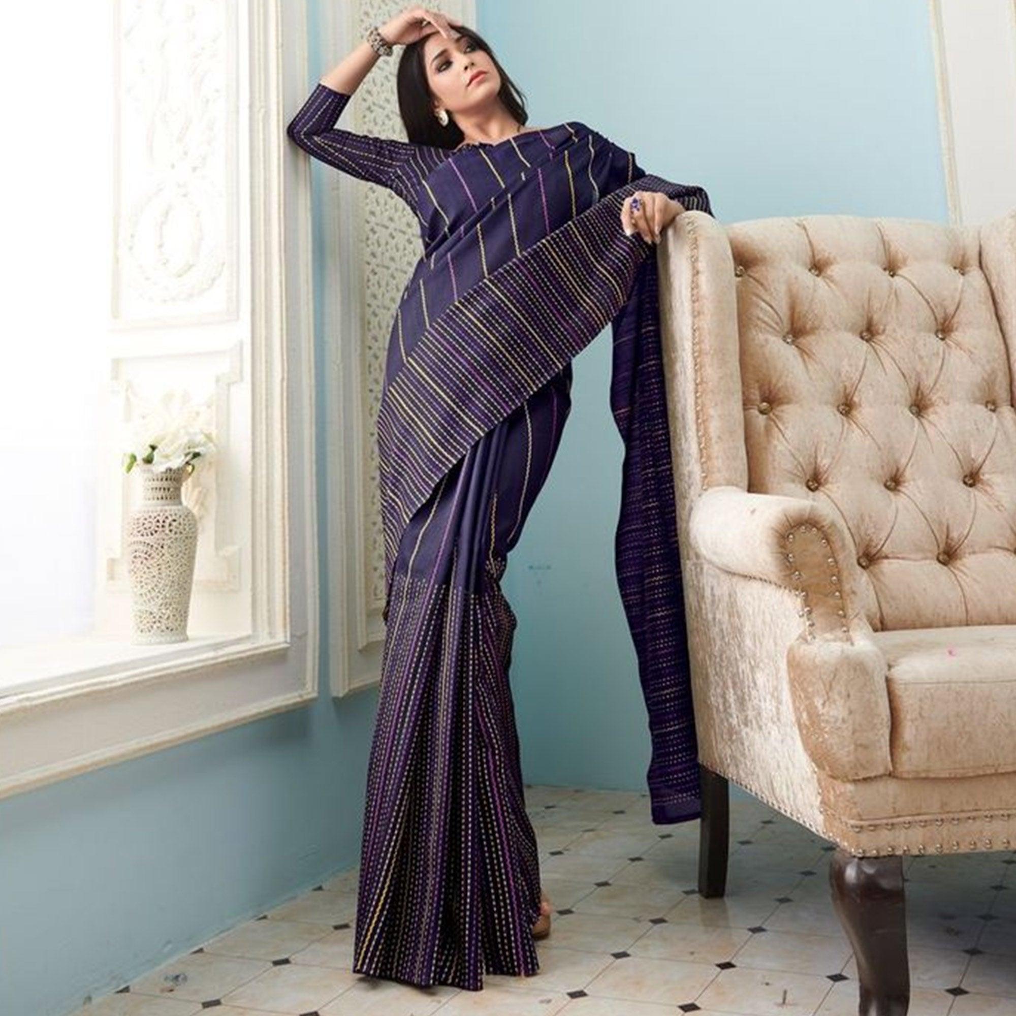 Sareemall Navy Blue Casual Bhagalpuri Printed Saree With Unstitched Blouse - Peachmode