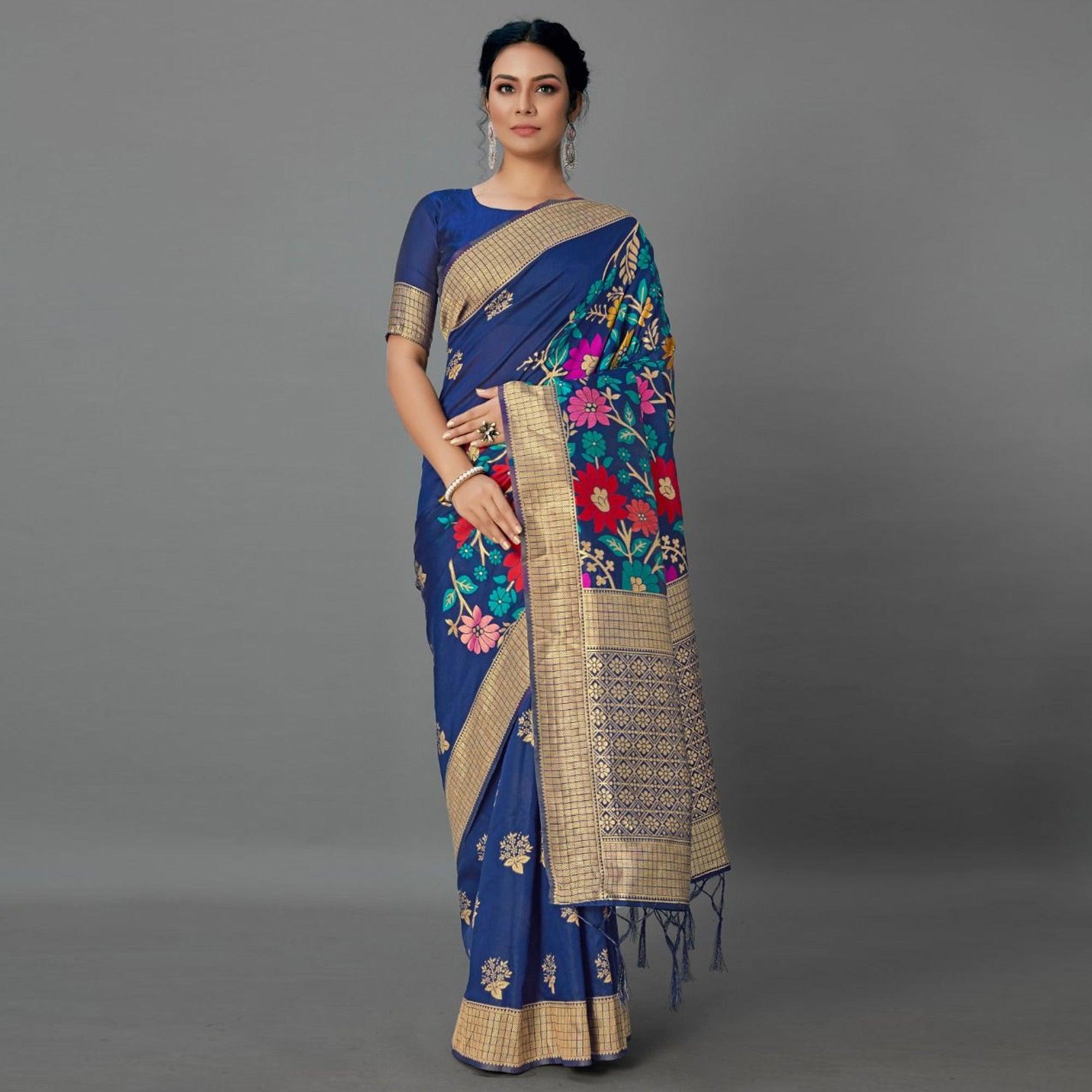 Sareemall Navy Blue Casual Silk Blend Printed Saree With Unstitched Blouse - Peachmode