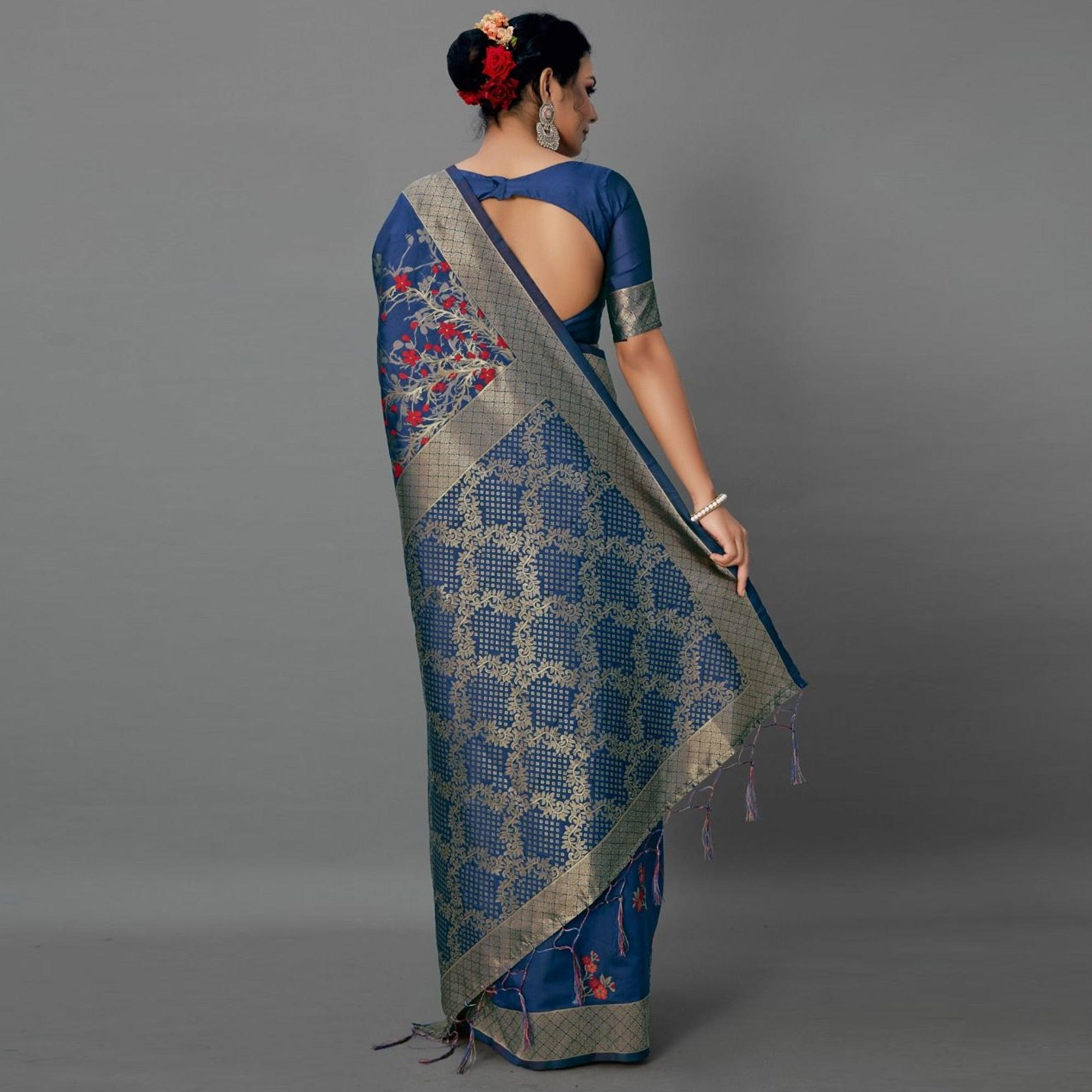 Sareemall Navy Blue Casual Silk Blend Printed Saree With Unstitched Blouse - Peachmode