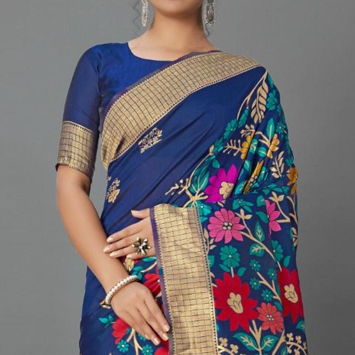 Sareemall Navy Blue Casual Silk Blend Printed Saree With Unstitched Blouse - Peachmode