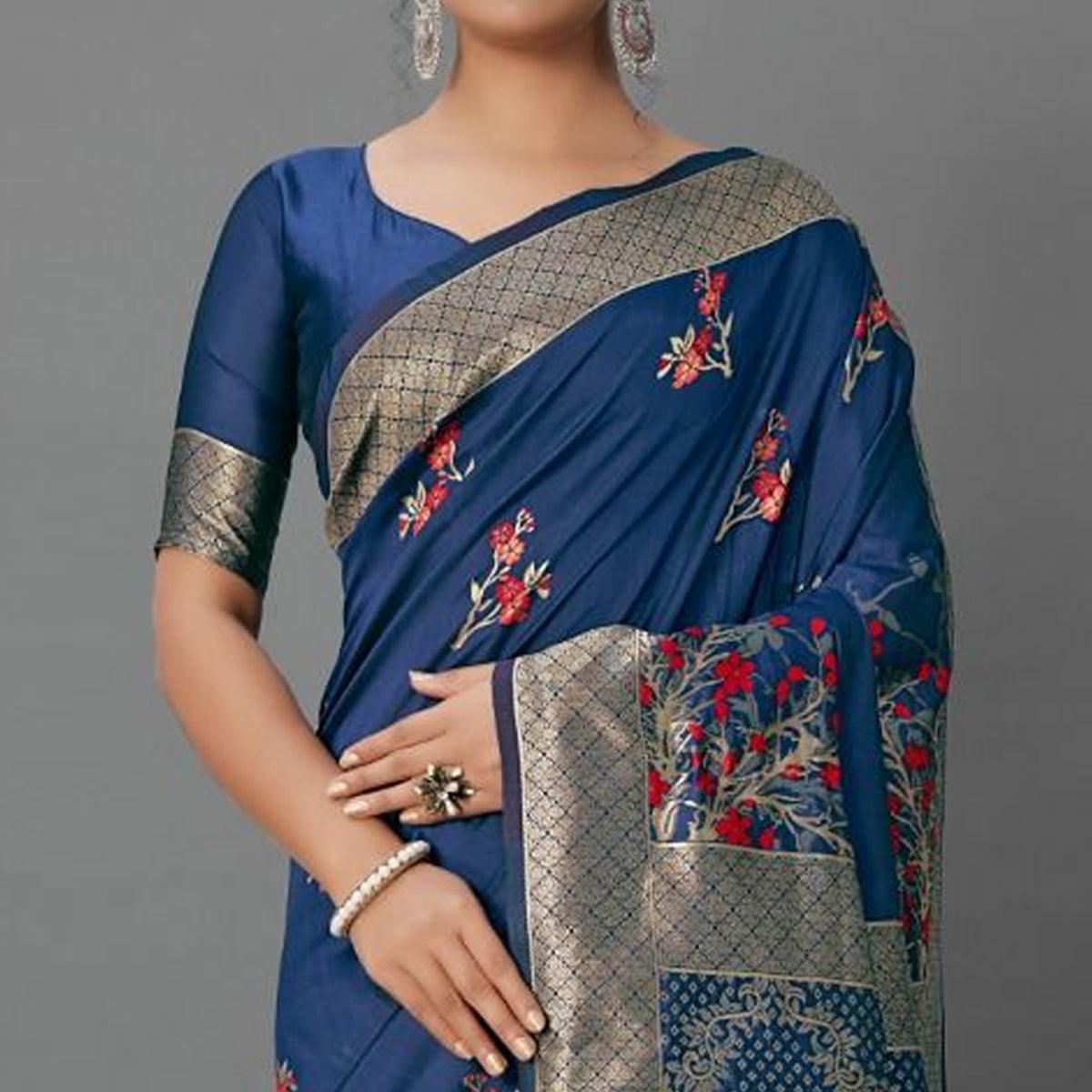 Sareemall Navy Blue Casual Silk Blend Printed Saree With Unstitched Blouse - Peachmode
