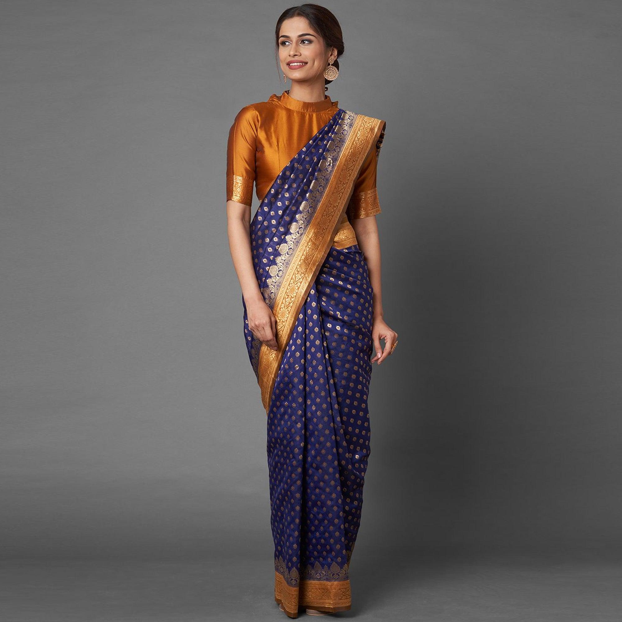 Sareemall Navy Blue Festive Wear Silk Blend Woven Border Saree With Unstitched Blouse - Peachmode