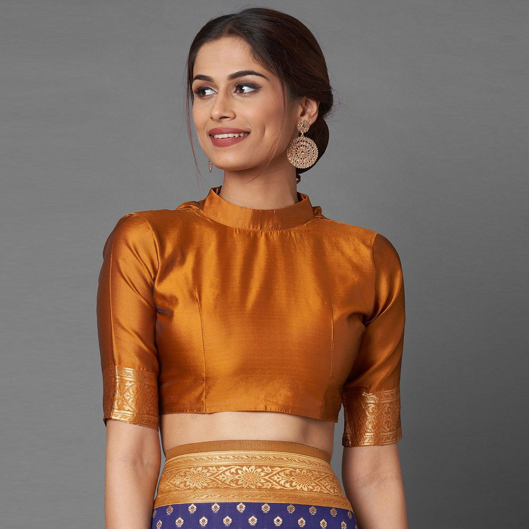 Sareemall Navy Blue Festive Wear Silk Blend Woven Border Saree With Unstitched Blouse - Peachmode