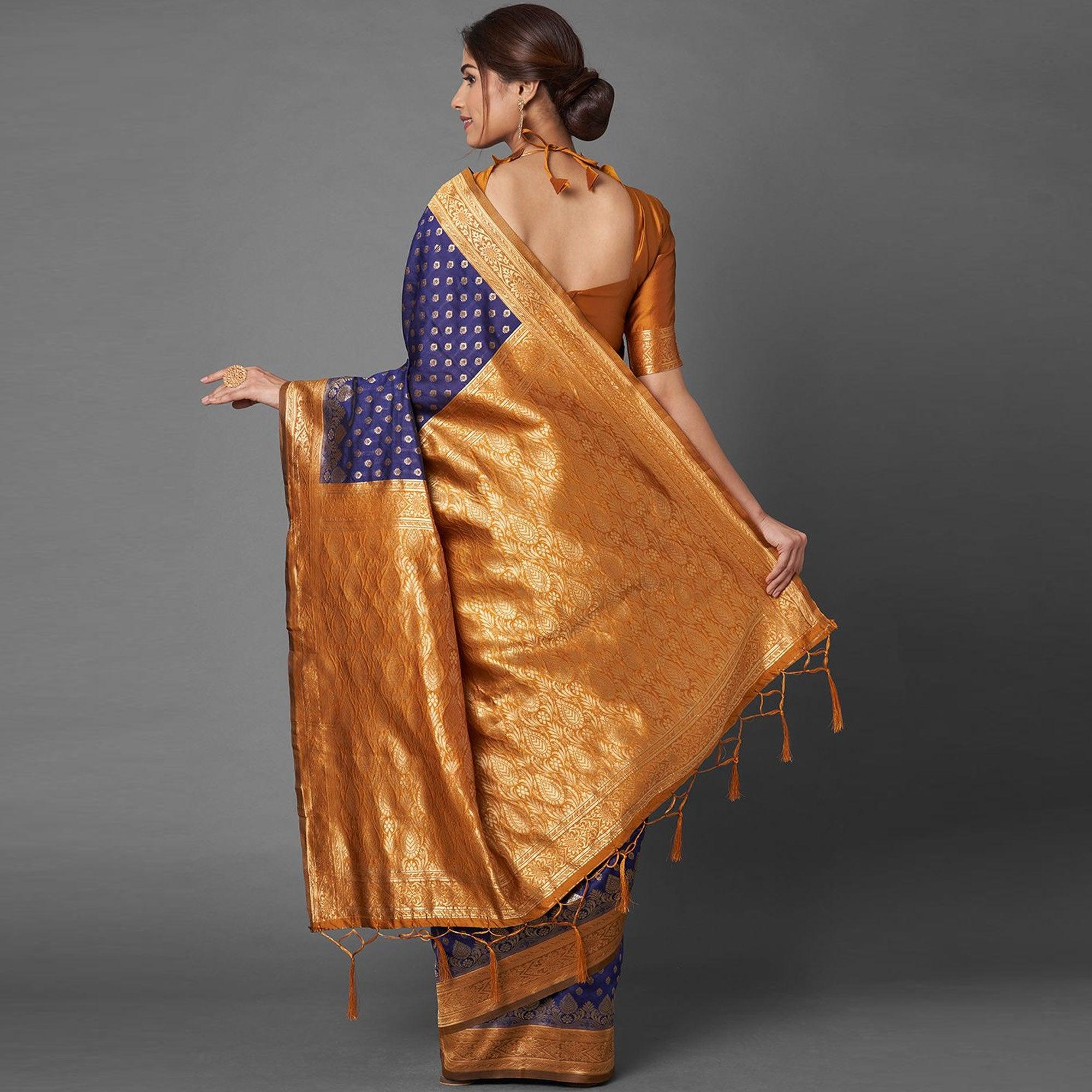 Sareemall Navy Blue Festive Wear Silk Blend Woven Border Saree With Unstitched Blouse - Peachmode