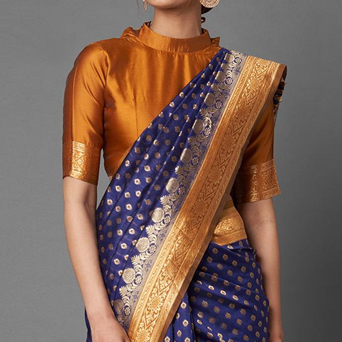 Sareemall Navy Blue Festive Wear Silk Blend Woven Border Saree With Unstitched Blouse - Peachmode